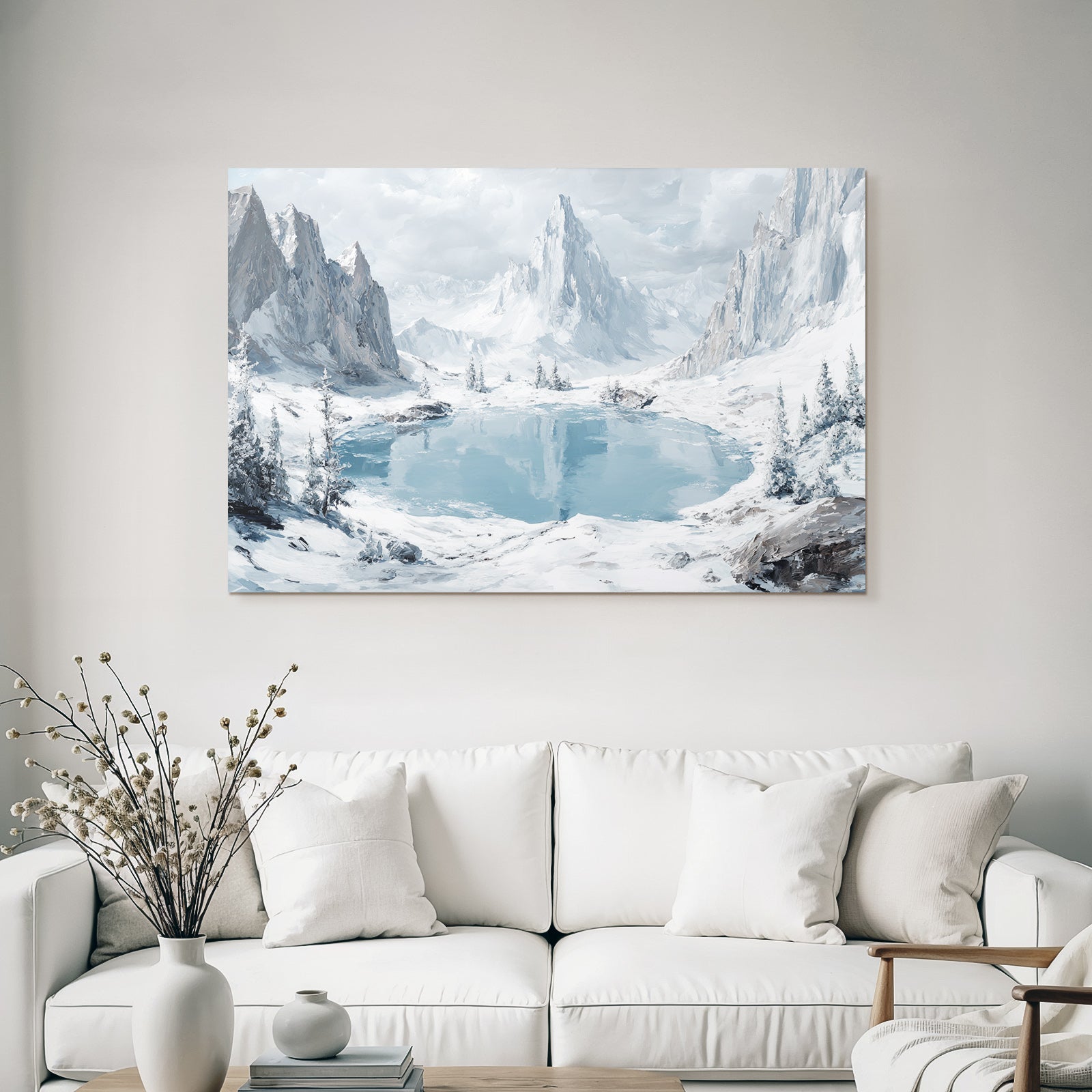 Winter Peaceful winter landscape with mountain lake and pine forest