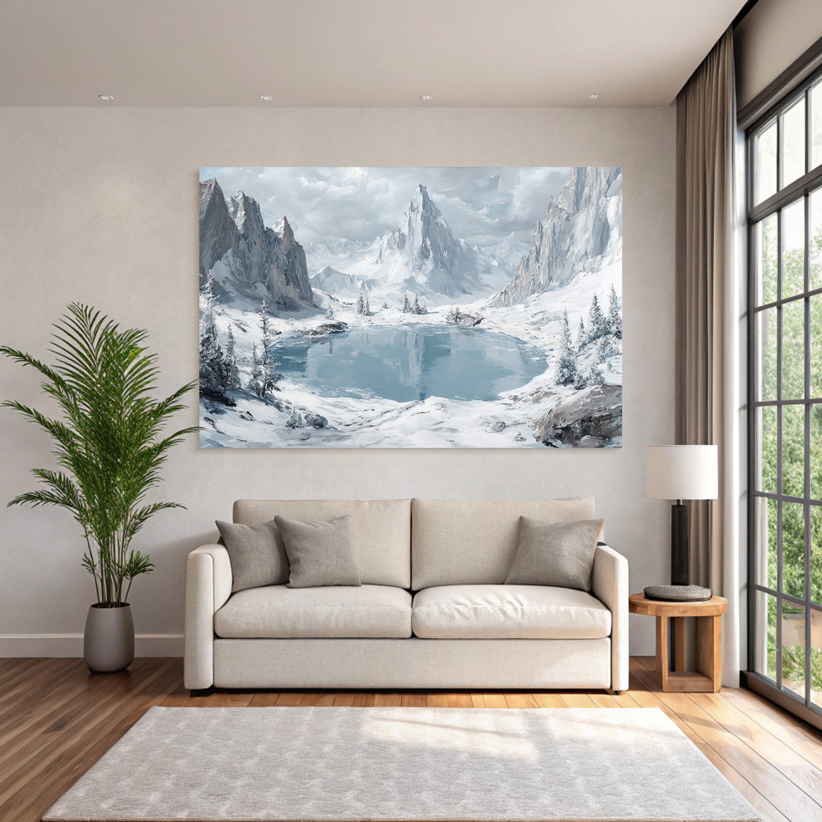 Winter Peaceful winter landscape with mountain lake and pine forest