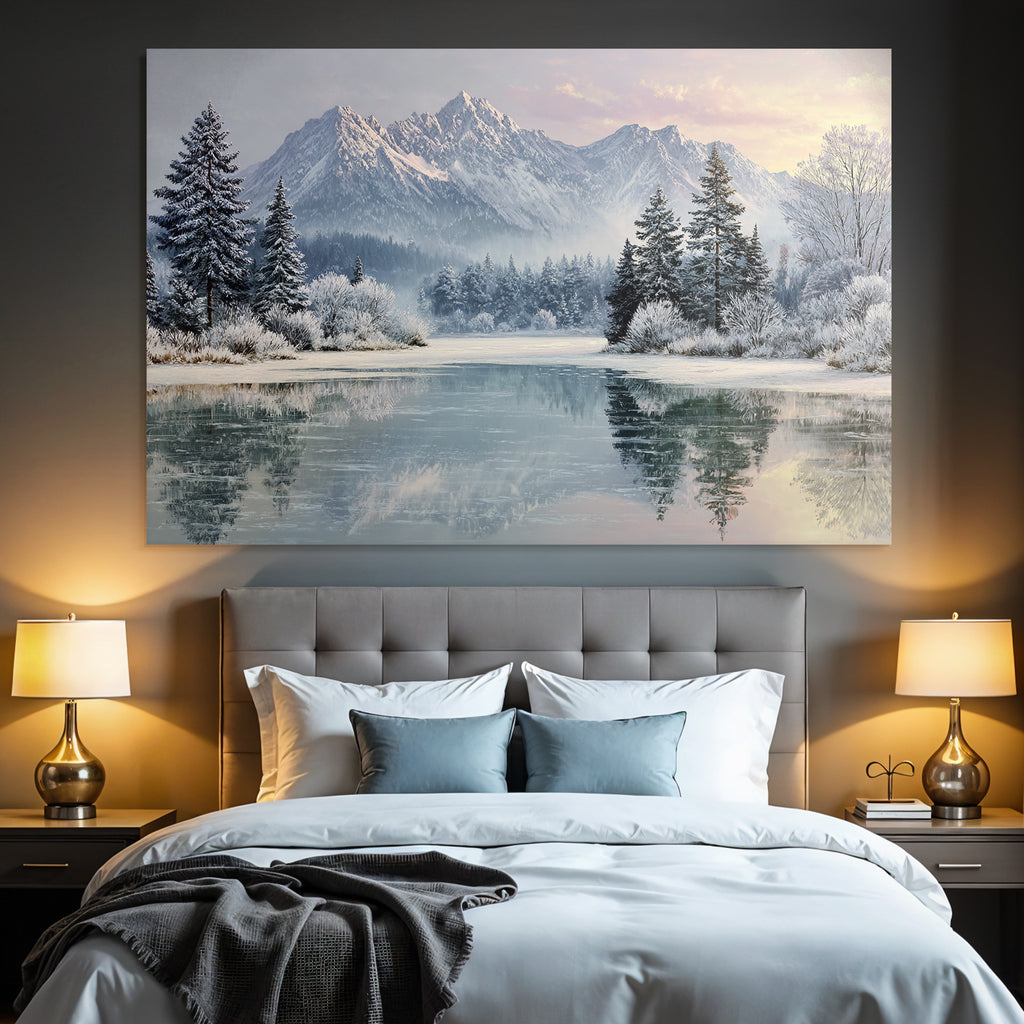 Winter Peaceful winter landscape with snow-capped mountains, icy lake and trees