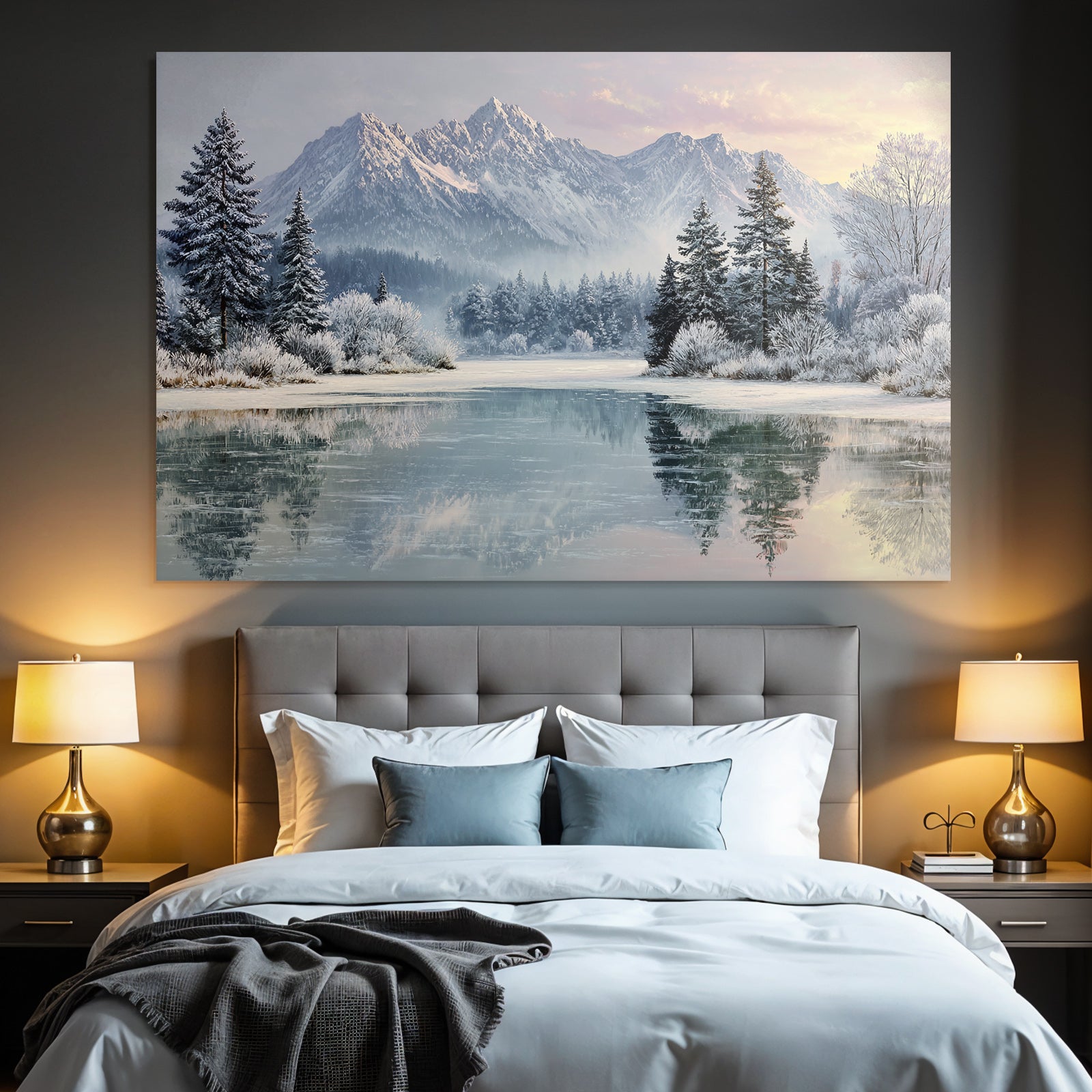 Winter Peaceful winter landscape with snow-capped mountains, icy lake and trees
