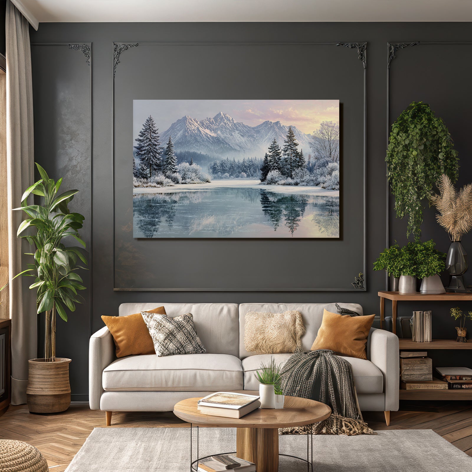 Winter Peaceful winter landscape with snow-capped mountains, icy lake and trees