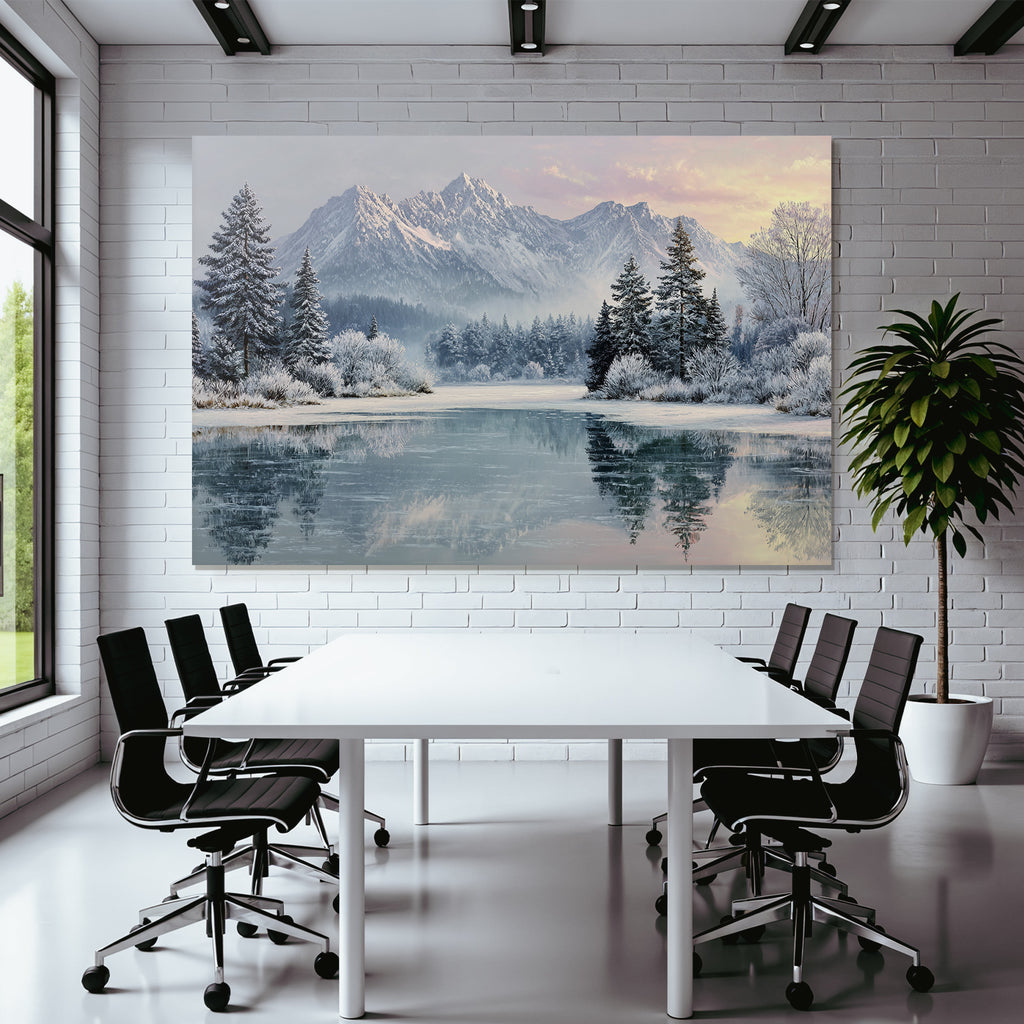 Winter Peaceful winter landscape with snow-capped mountains, icy lake and trees