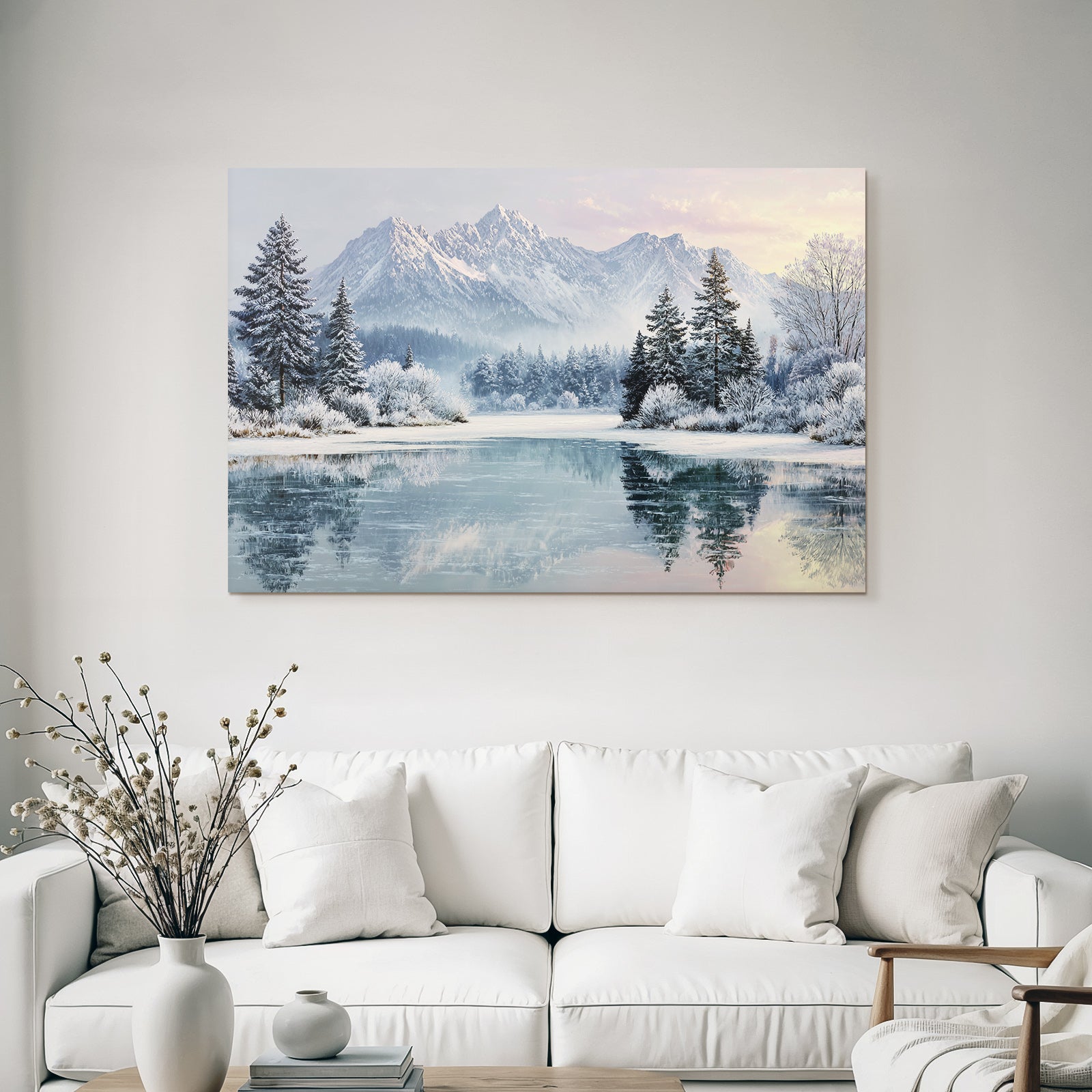 Winter Peaceful winter landscape with snow-capped mountains, icy lake and trees