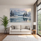 Winter Peaceful winter landscape with snow-capped mountains, icy lake and trees