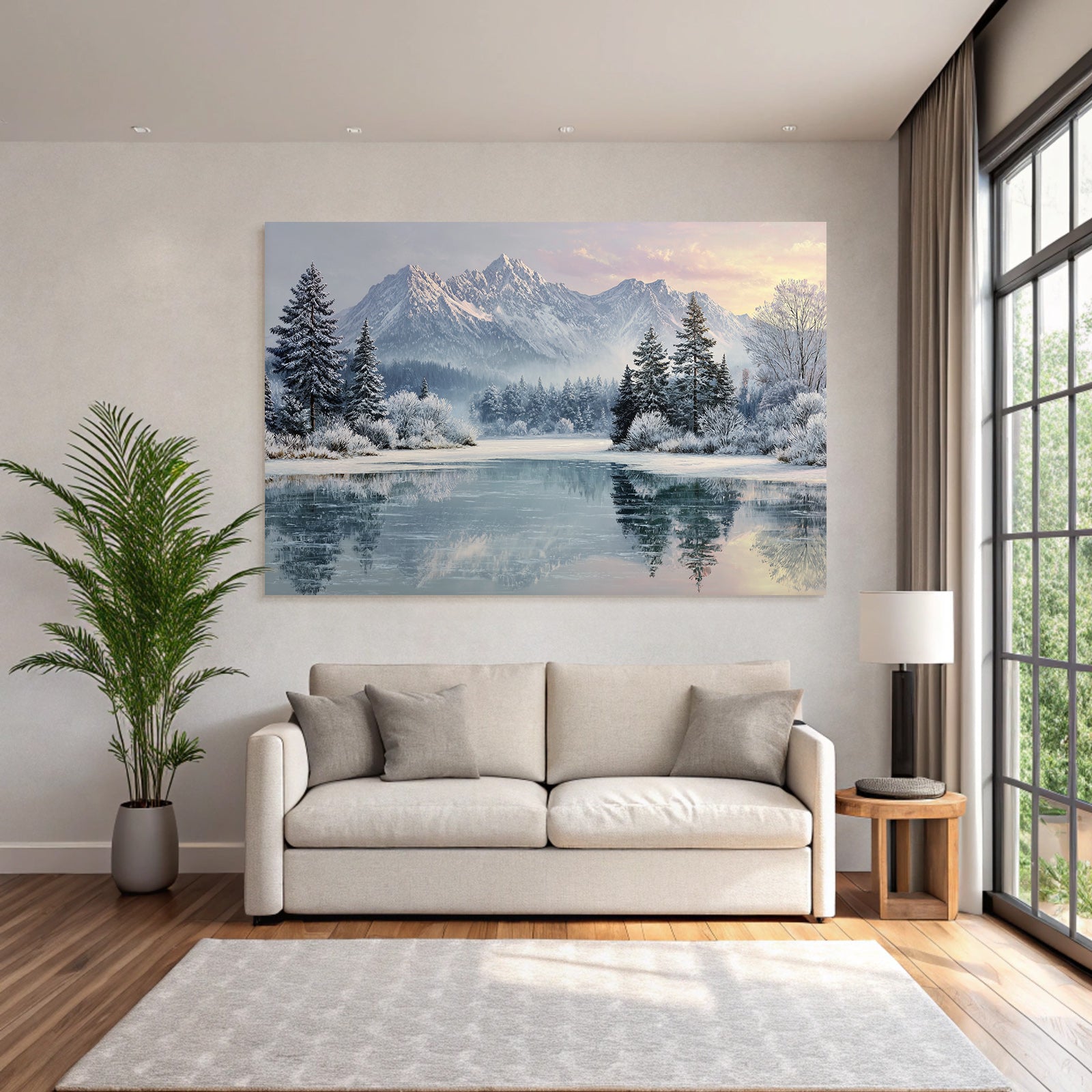 Winter Peaceful winter landscape with snow-capped mountains, icy lake and trees