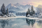 Winter Friedliche Winterlandschaft Mit Schneebedeckten Bergen Eisigem See Und Bäumen | Winterlandschaften | Landschaften