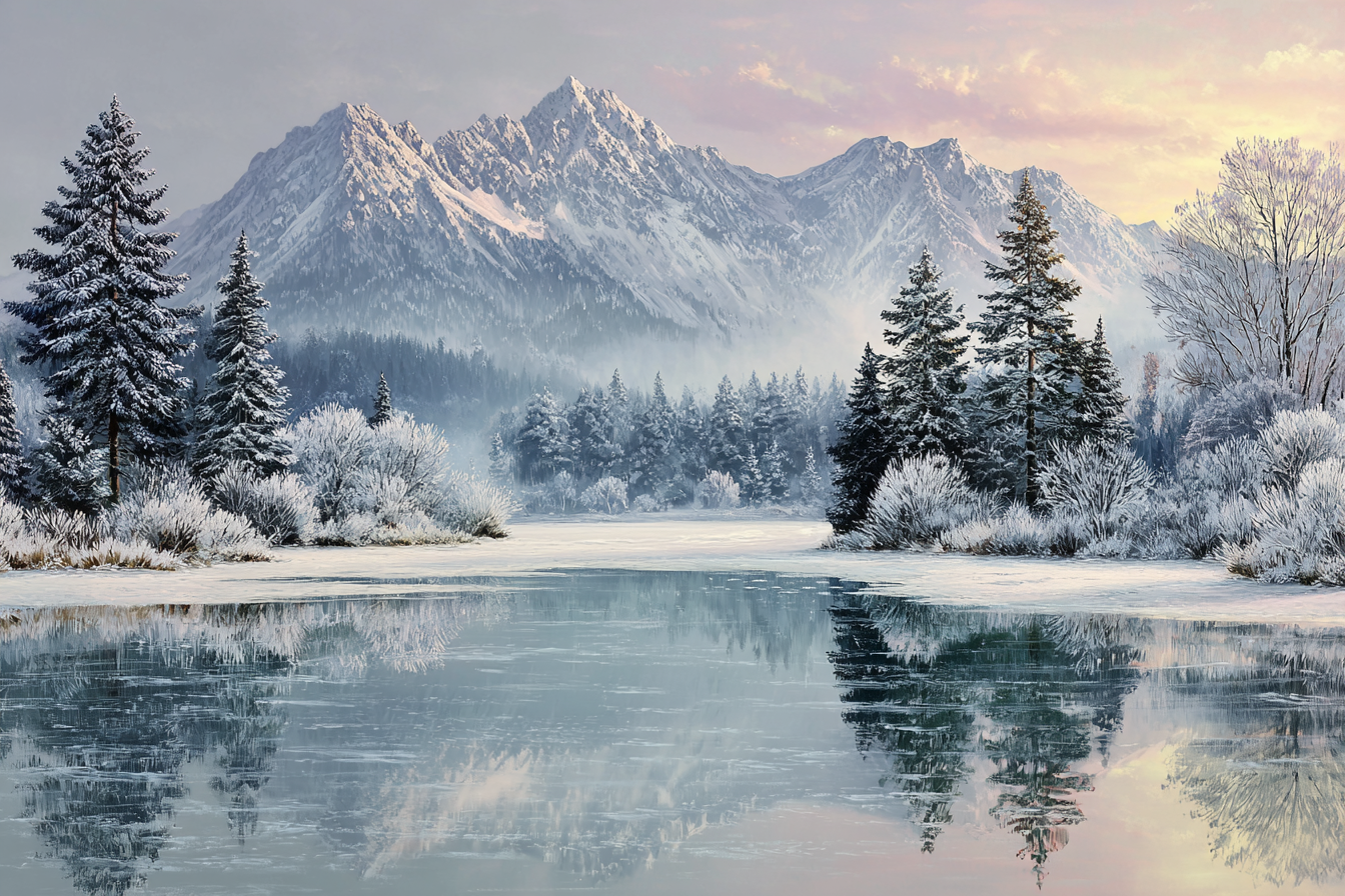 Winter Friedliche Winterlandschaft Mit Schneebedeckten Bergen Eisigem See Und Bäumen | Winterlandschaften | Landschaften