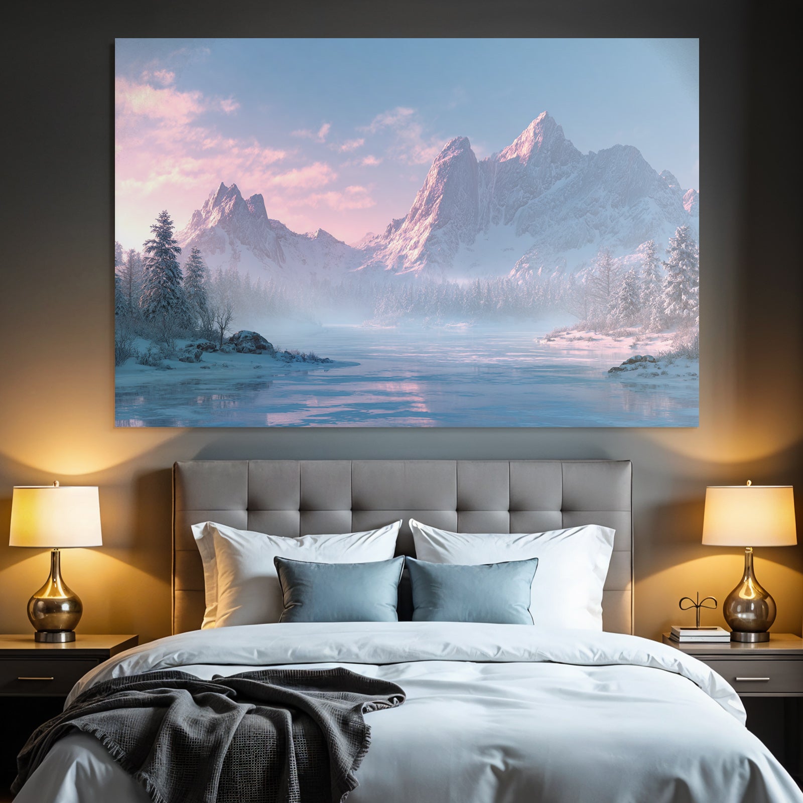 Winter Peaceful Winter Landscape With Snow-Covered Mountains And River