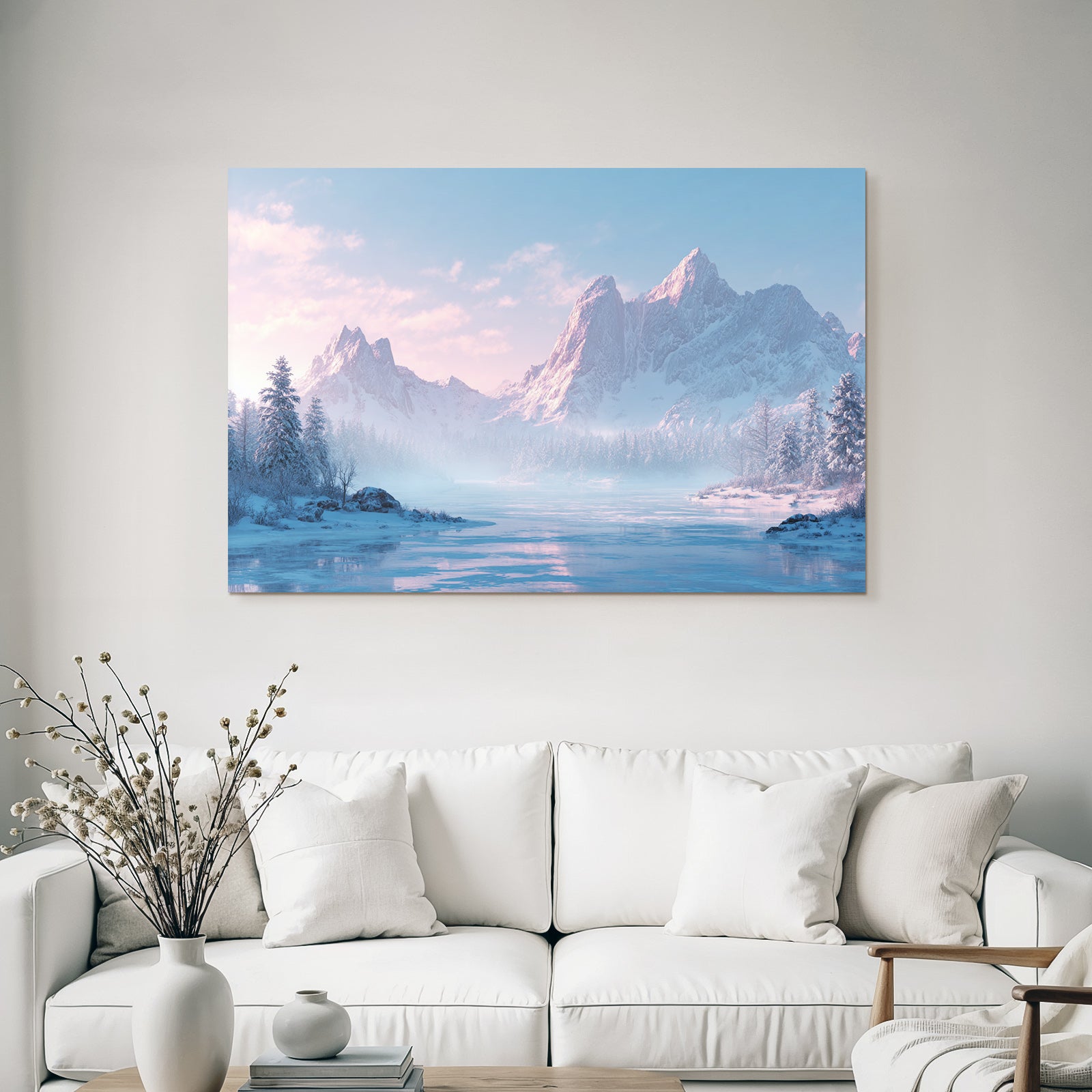 Winter Peaceful Winter Landscape With Snow-Covered Mountains And River