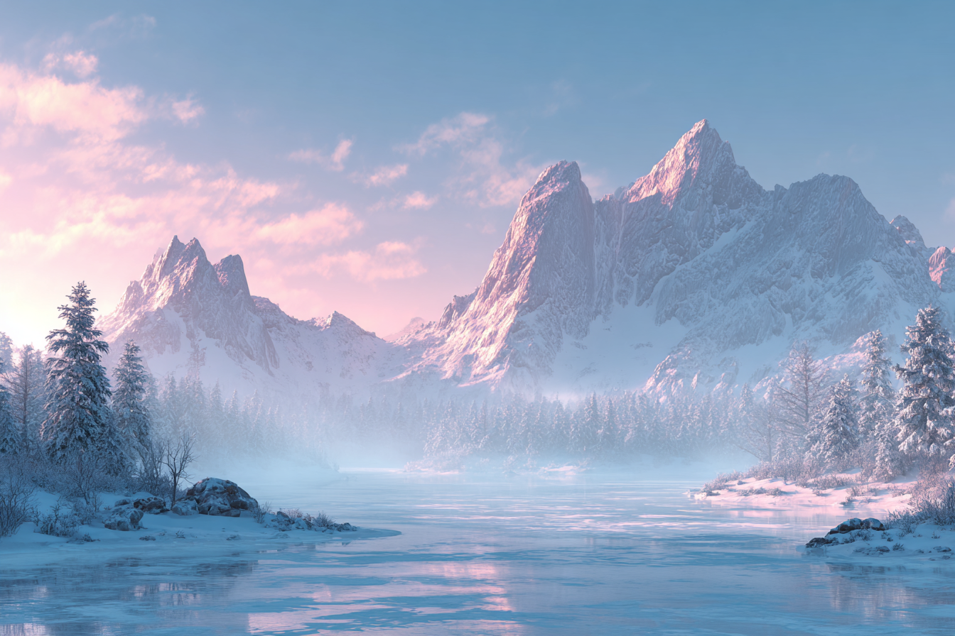 Winter Friedliche Winterlandschaft Mit Schneebedeckten Bergen Und Fluss | Winterlandschaften | Landschaften