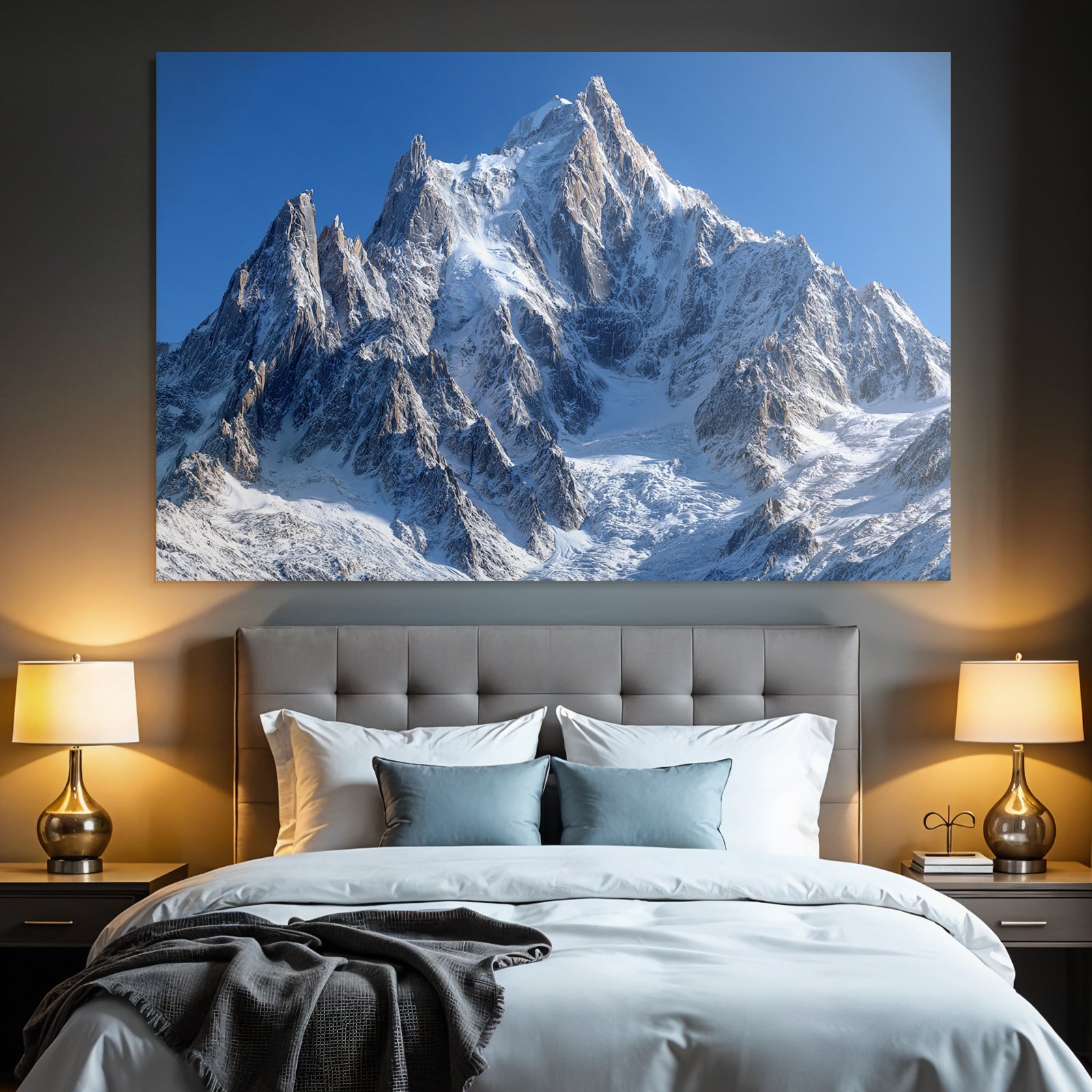Winter Majestic Snow-Covered Mountain Scene Under a Clear Blue Sky