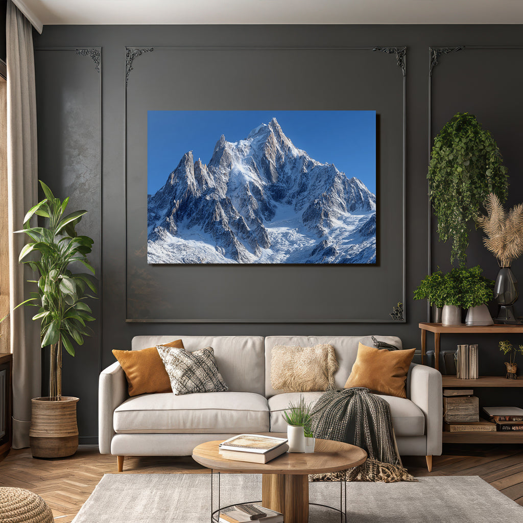 Winter Majestic Snow-Covered Mountain Scene Under a Clear Blue Sky