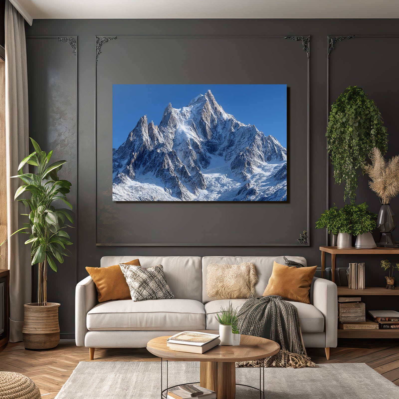 Winter Majestic Snow-Covered Mountain Scene Under a Clear Blue Sky