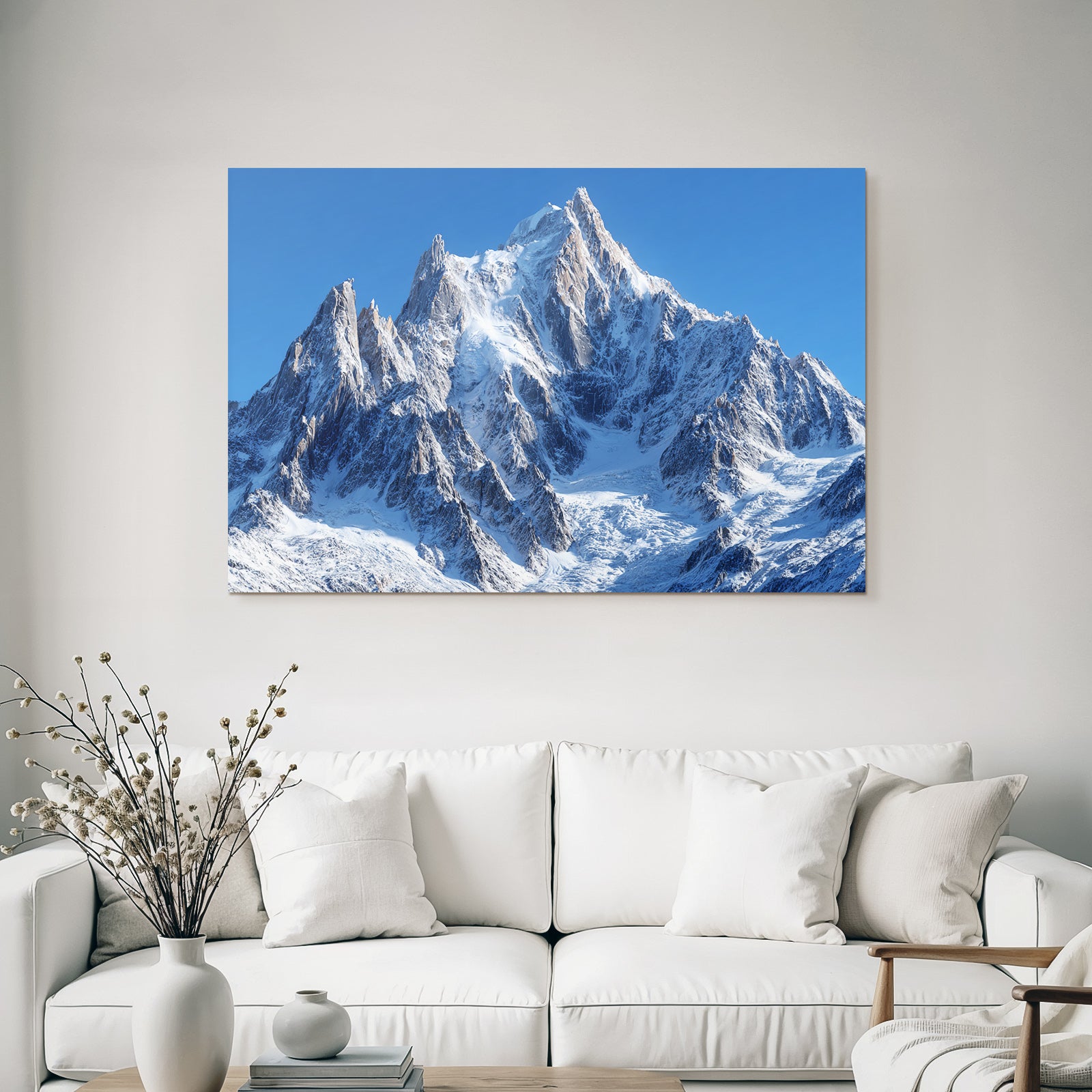 Winter Majestic Snow-Covered Mountain Scene Under a Clear Blue Sky
