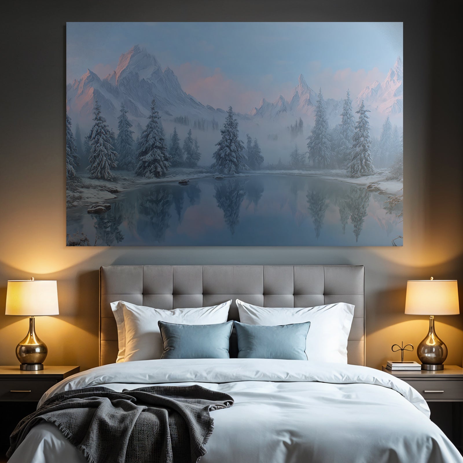 Winter Tranquil Winter Landscape With Snow-Capped Mountains And Reflecting Water
