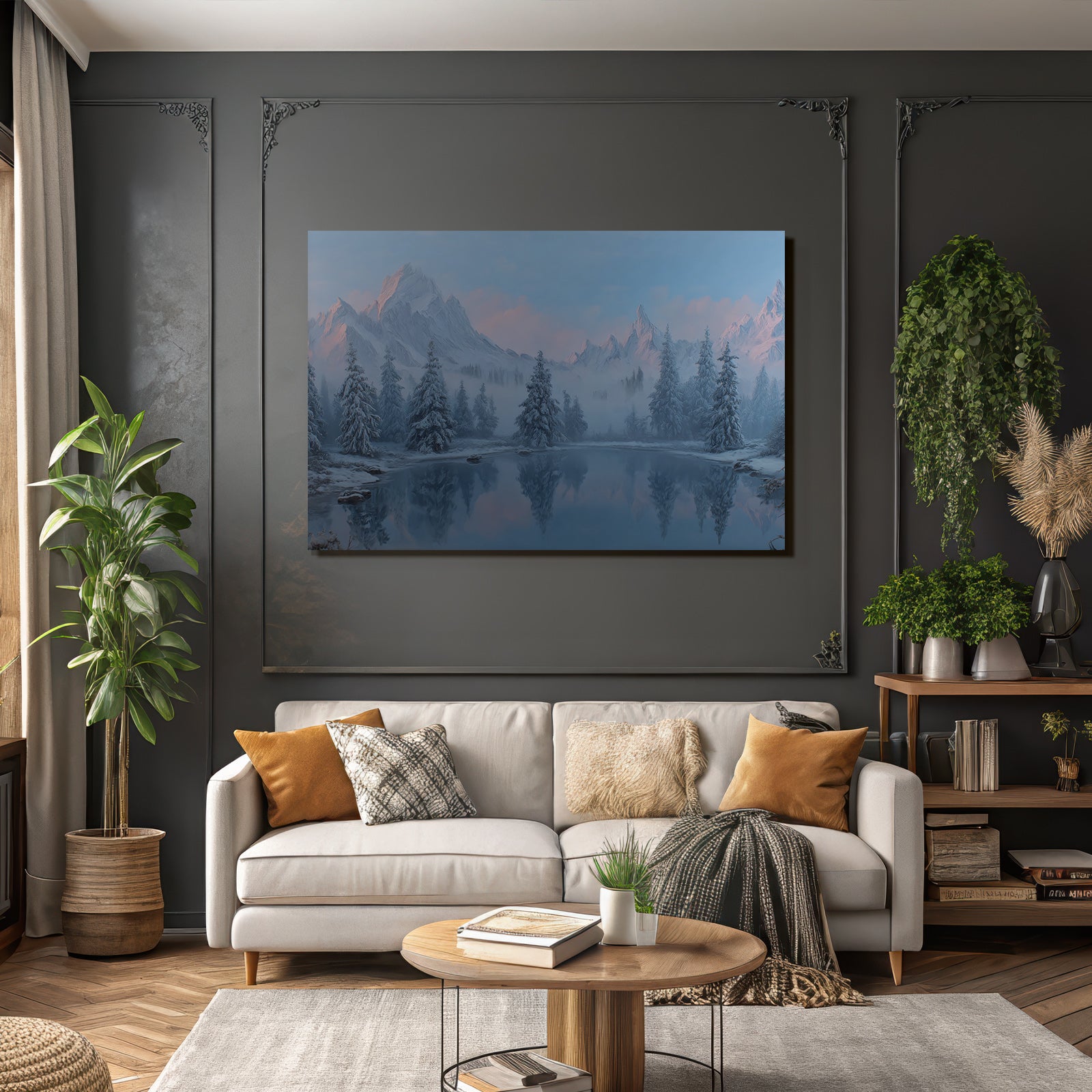 Winter Tranquil Winter Landscape With Snow-Capped Mountains And Reflecting Water