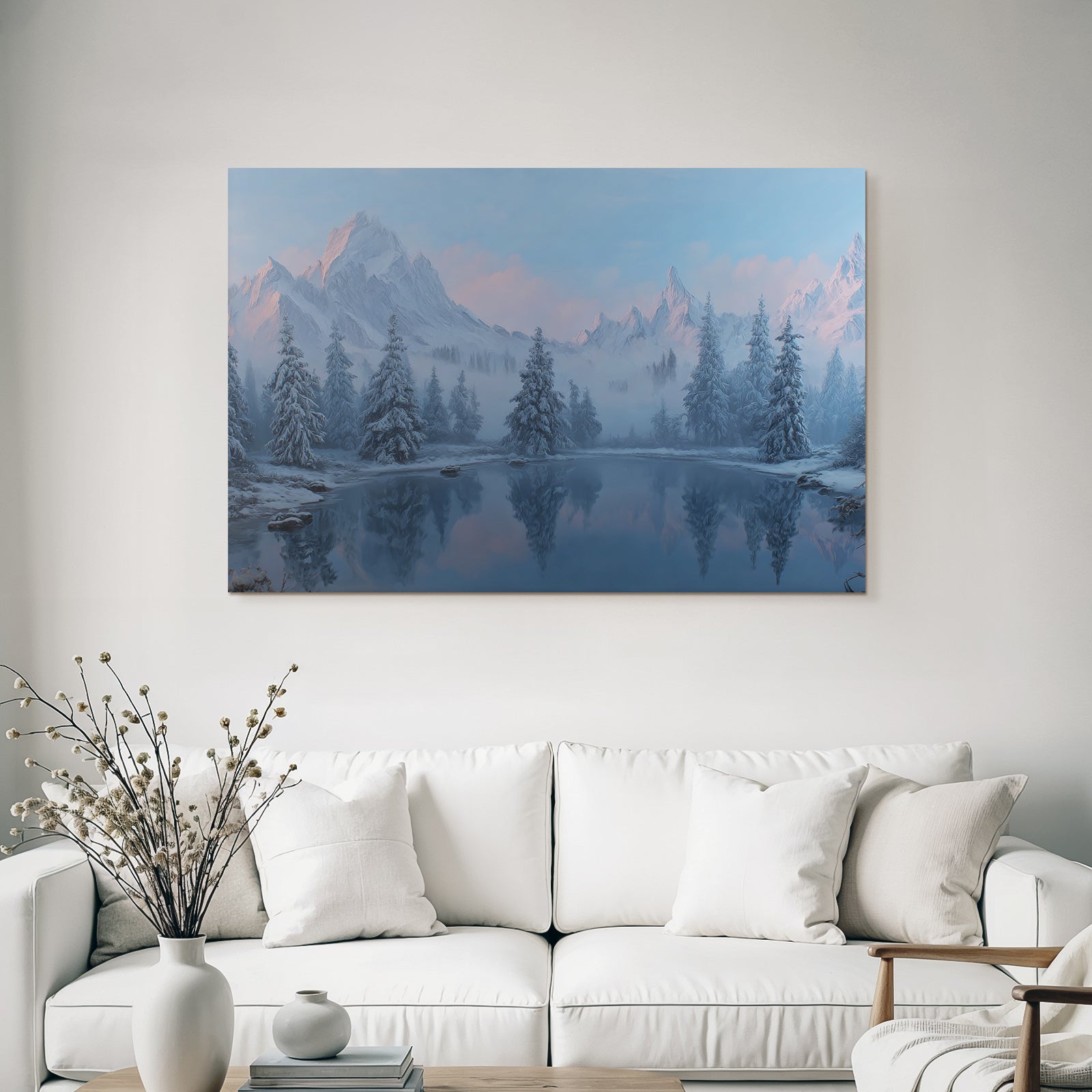 Winter Tranquil Winter Landscape With Snow-Capped Mountains And Reflecting Water