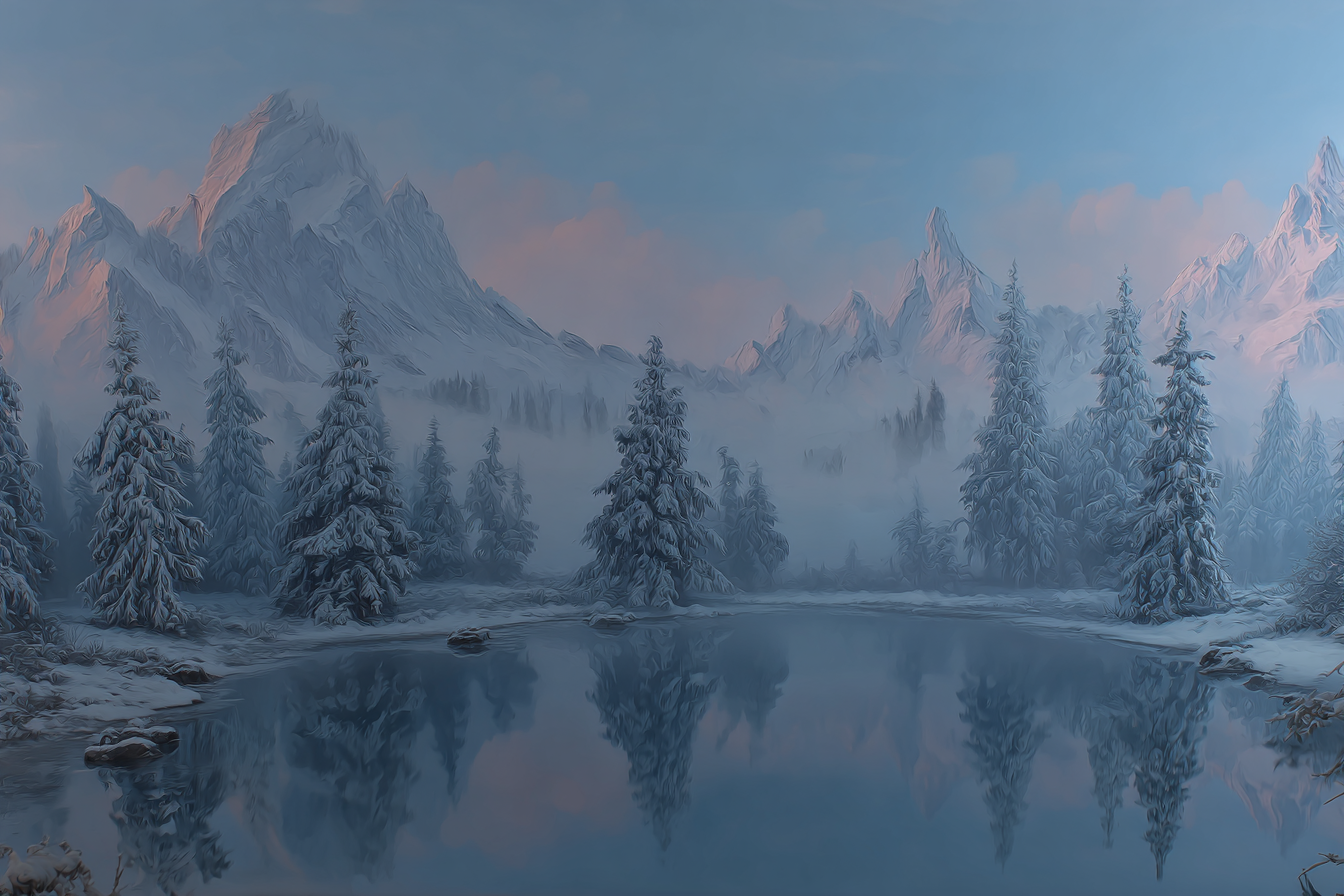 Winter Ruhige Winterlandschaft Mit Schneebedeckten Bergen Und Reflektierendem Wasser | Winterlandschaften | Landschaften