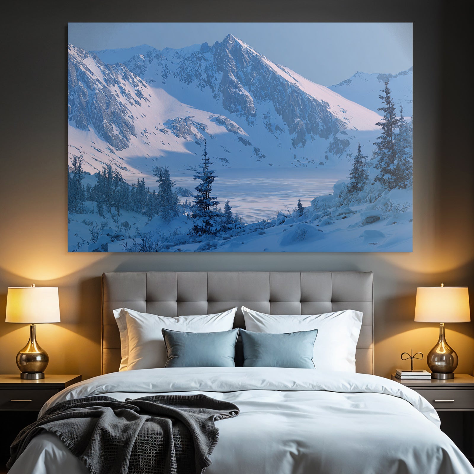 Winter Tranquil winter scene with snow-capped mountains and fir trees