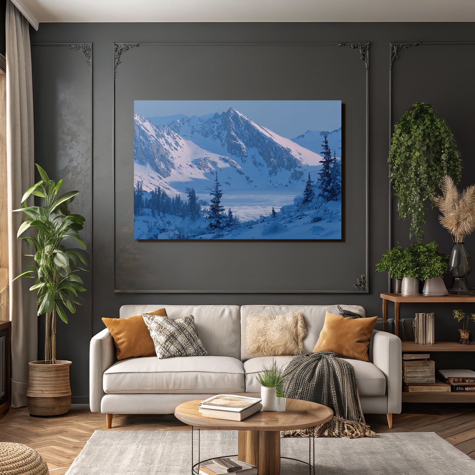 Winter Tranquil winter scene with snow-capped mountains and fir trees