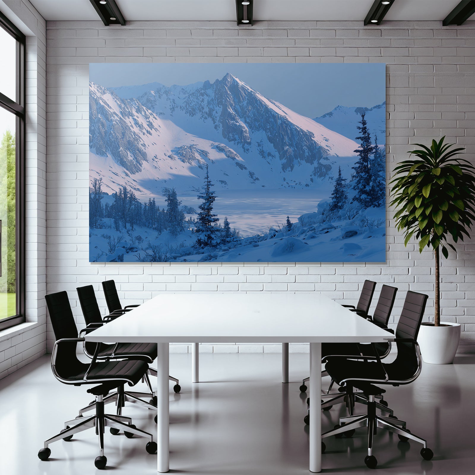 Winter Tranquil winter scene with snow-capped mountains and fir trees