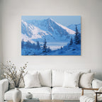 Winter Tranquil winter scene with snow-capped mountains and fir trees