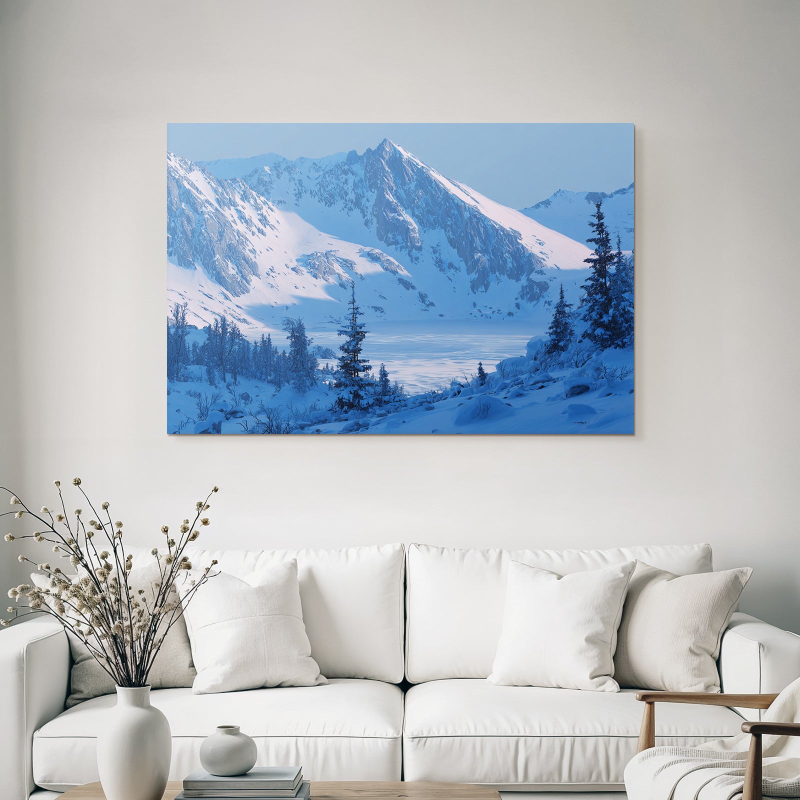 Winter Tranquil winter scene with snow-capped mountains and fir trees