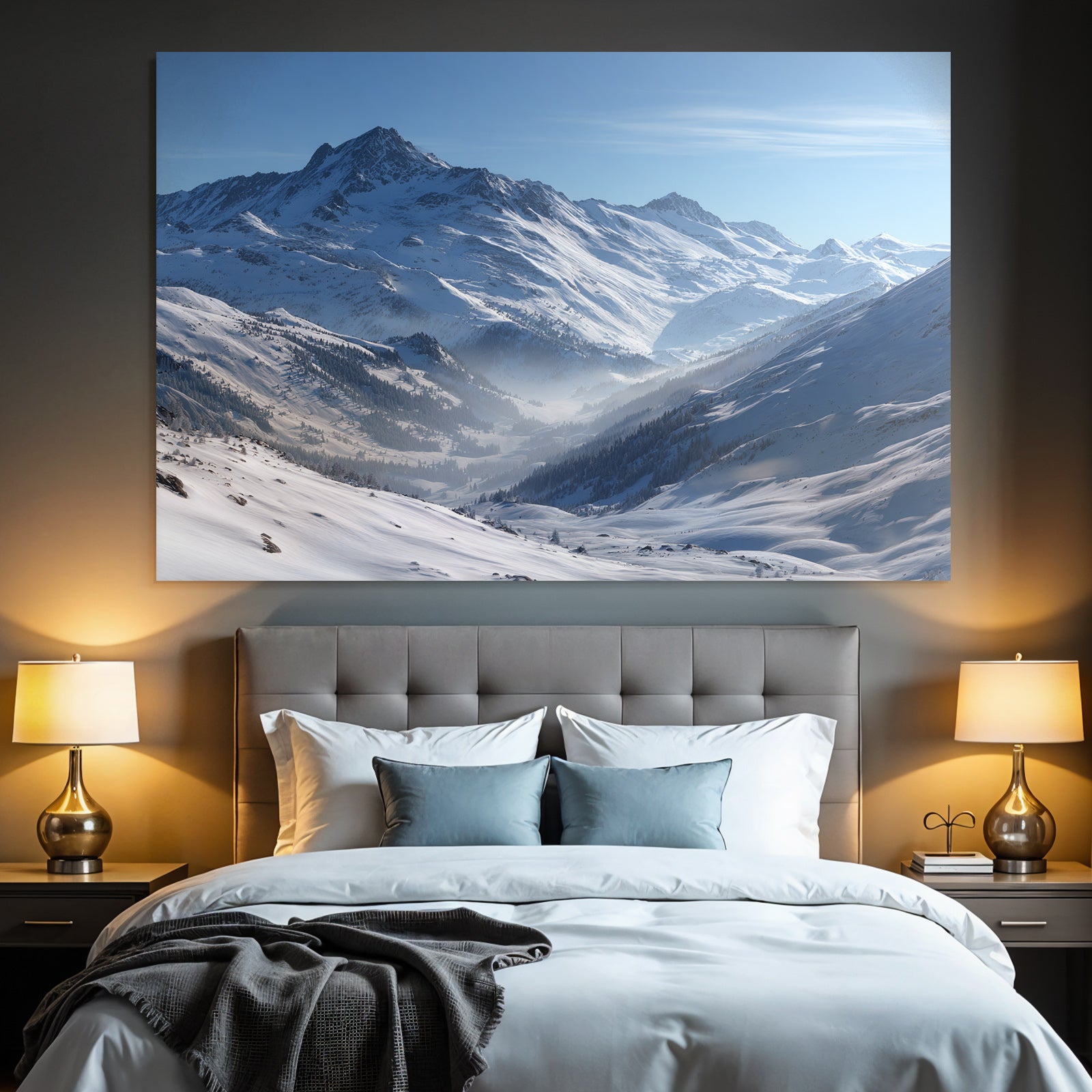 Winter snow-covered mountain landscape with clear sky and fog