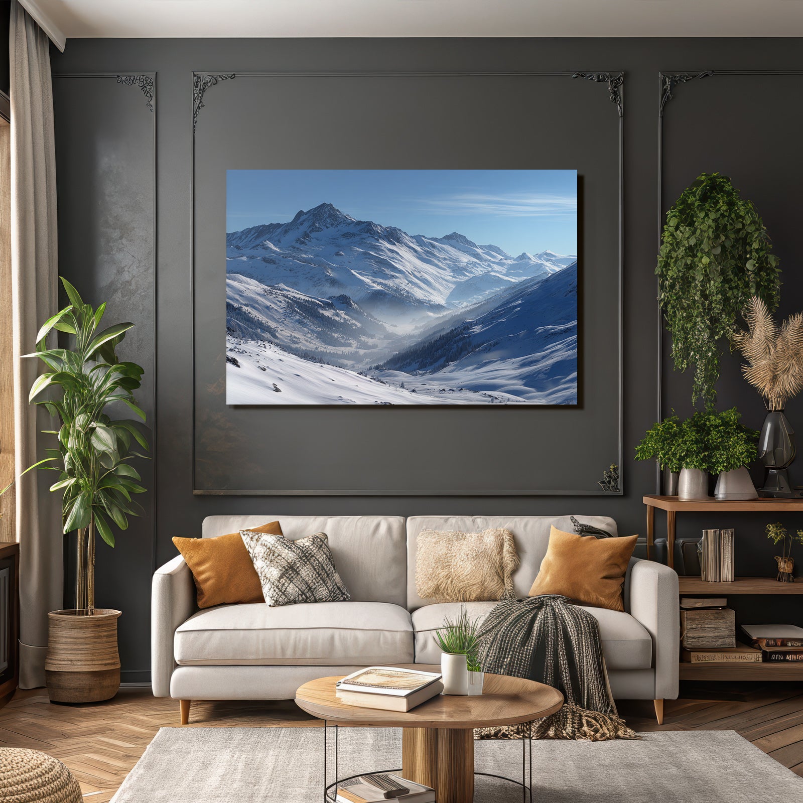 Winter snow-covered mountain landscape with clear sky and fog