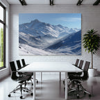 Winter snow-covered mountain landscape with clear sky and fog