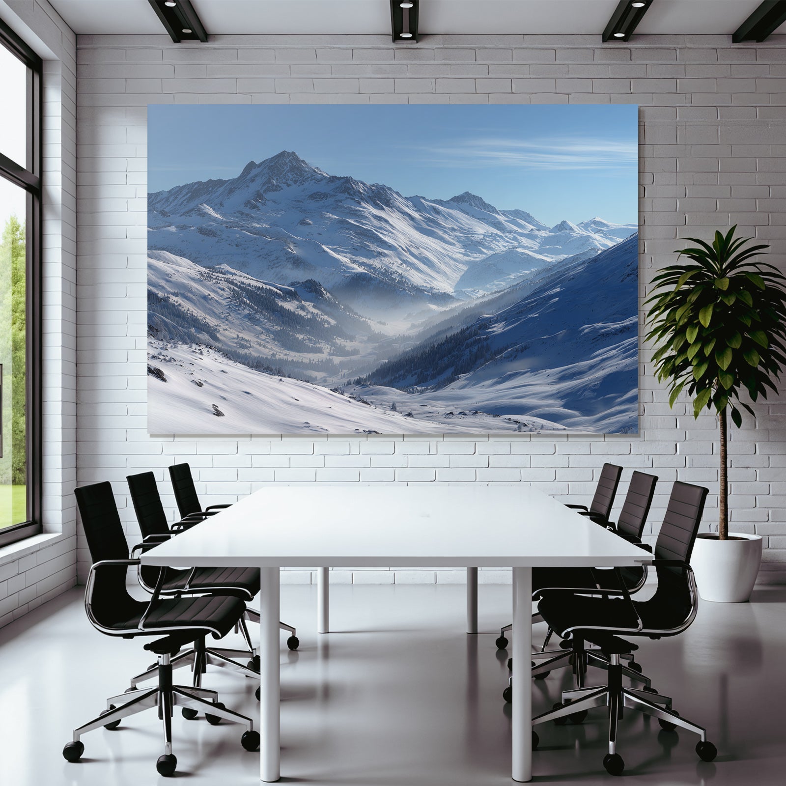 Winter snow-covered mountain landscape with clear sky and fog