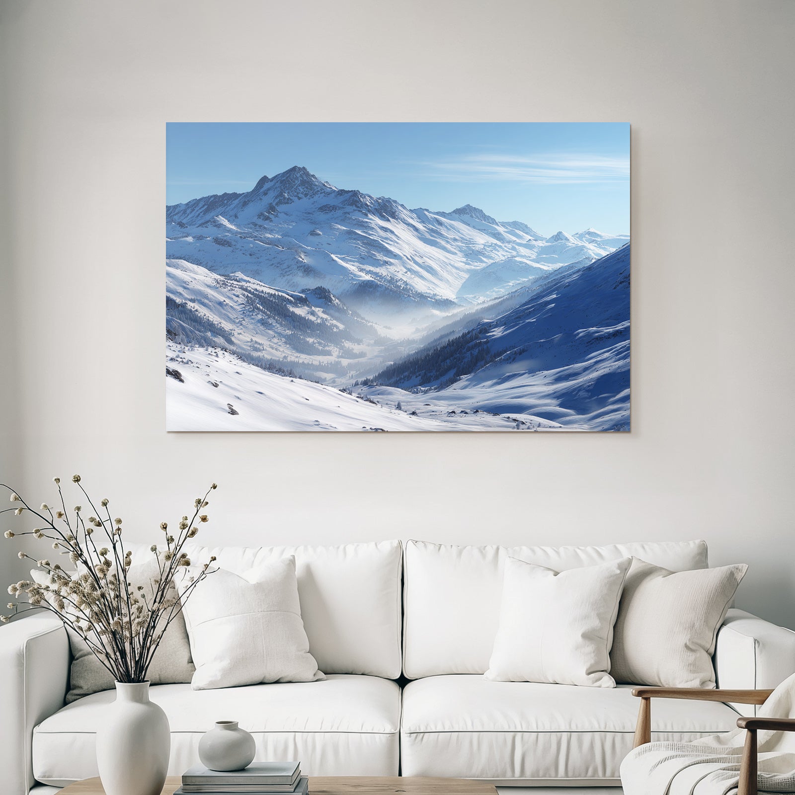 Winter snow-covered mountain landscape with clear sky and fog