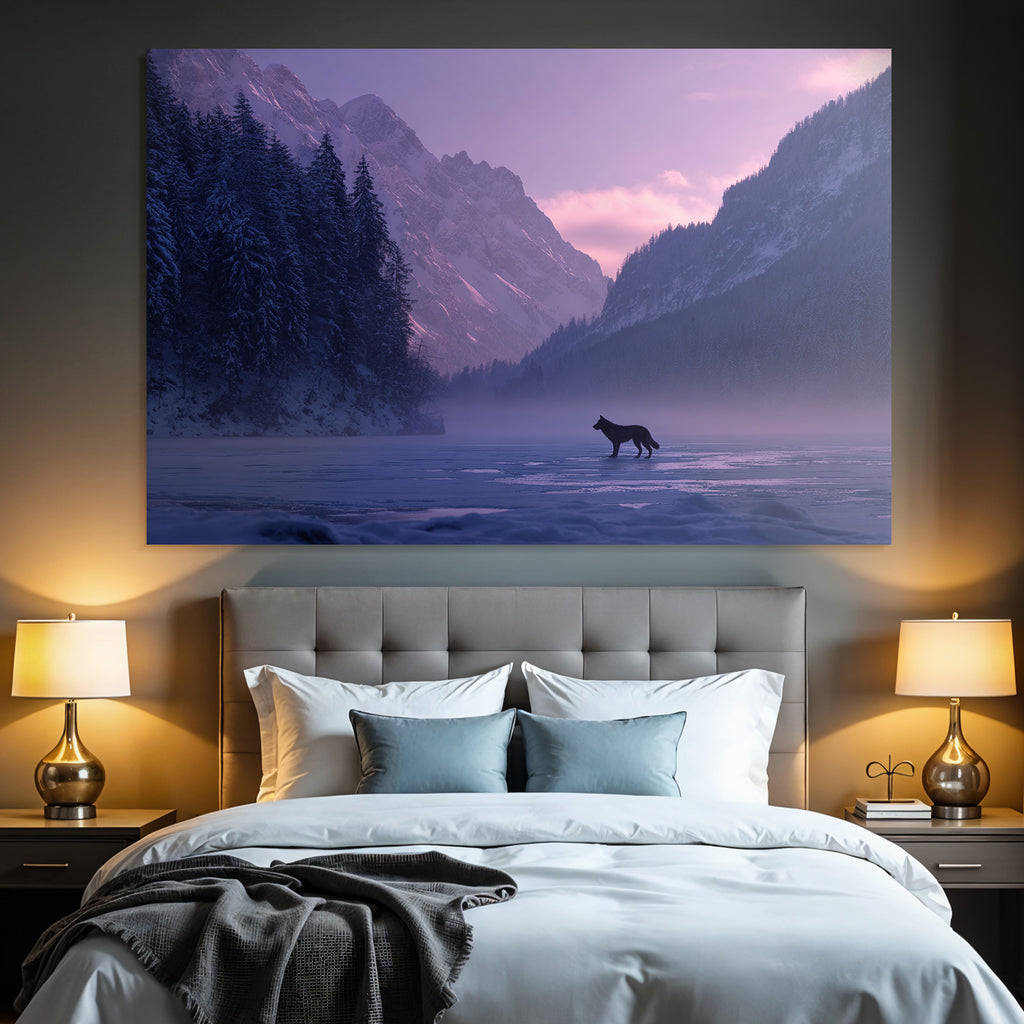 Winter Snow-covered Mountain Landscape Wolf in Frosty Lake Twilight Mystical Mood