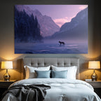 Winter Snow-covered Mountain Landscape Wolf in Frosty Lake Twilight Mystical Mood