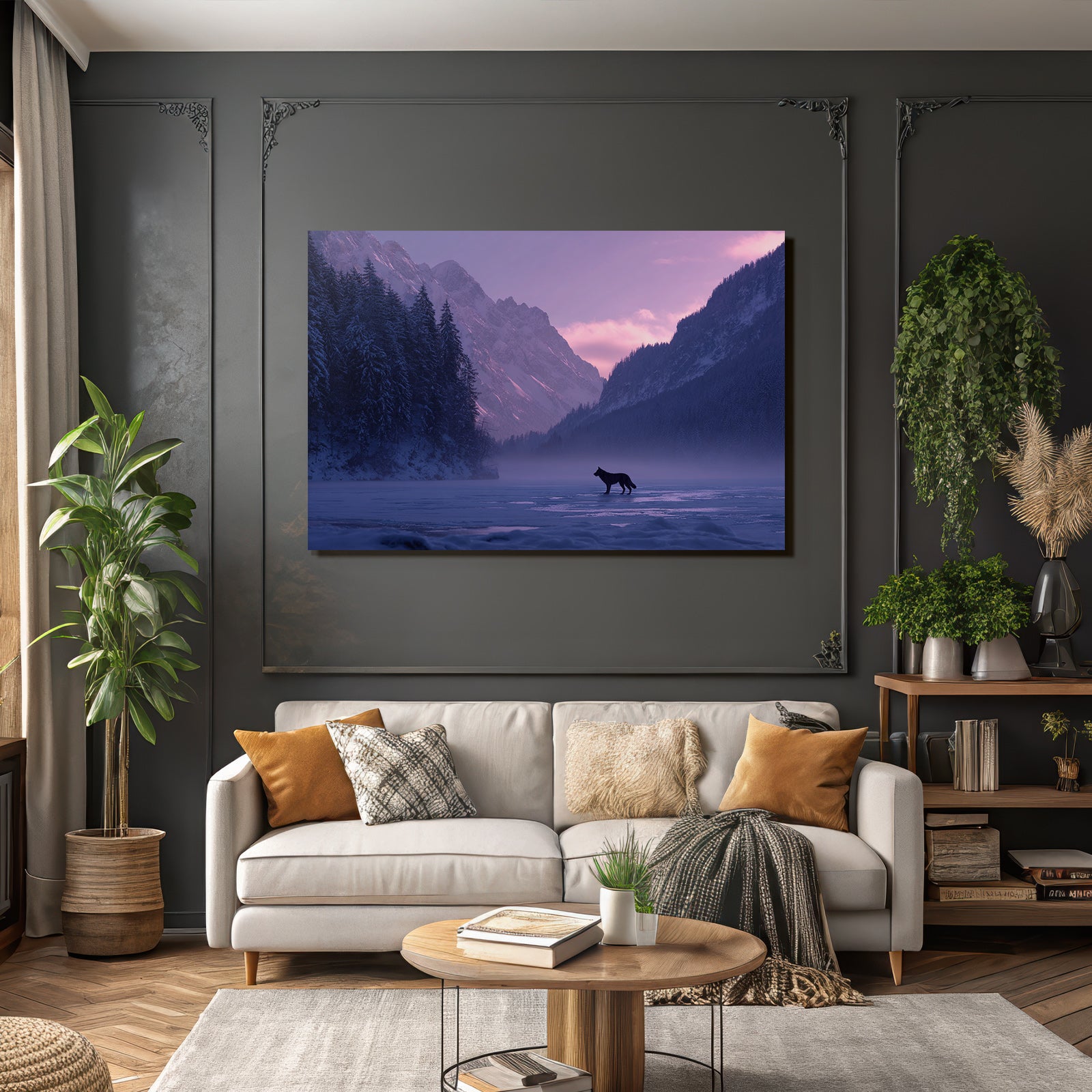 Winter Snow-covered Mountain Landscape Wolf in Frosty Lake Twilight Mystical Mood
