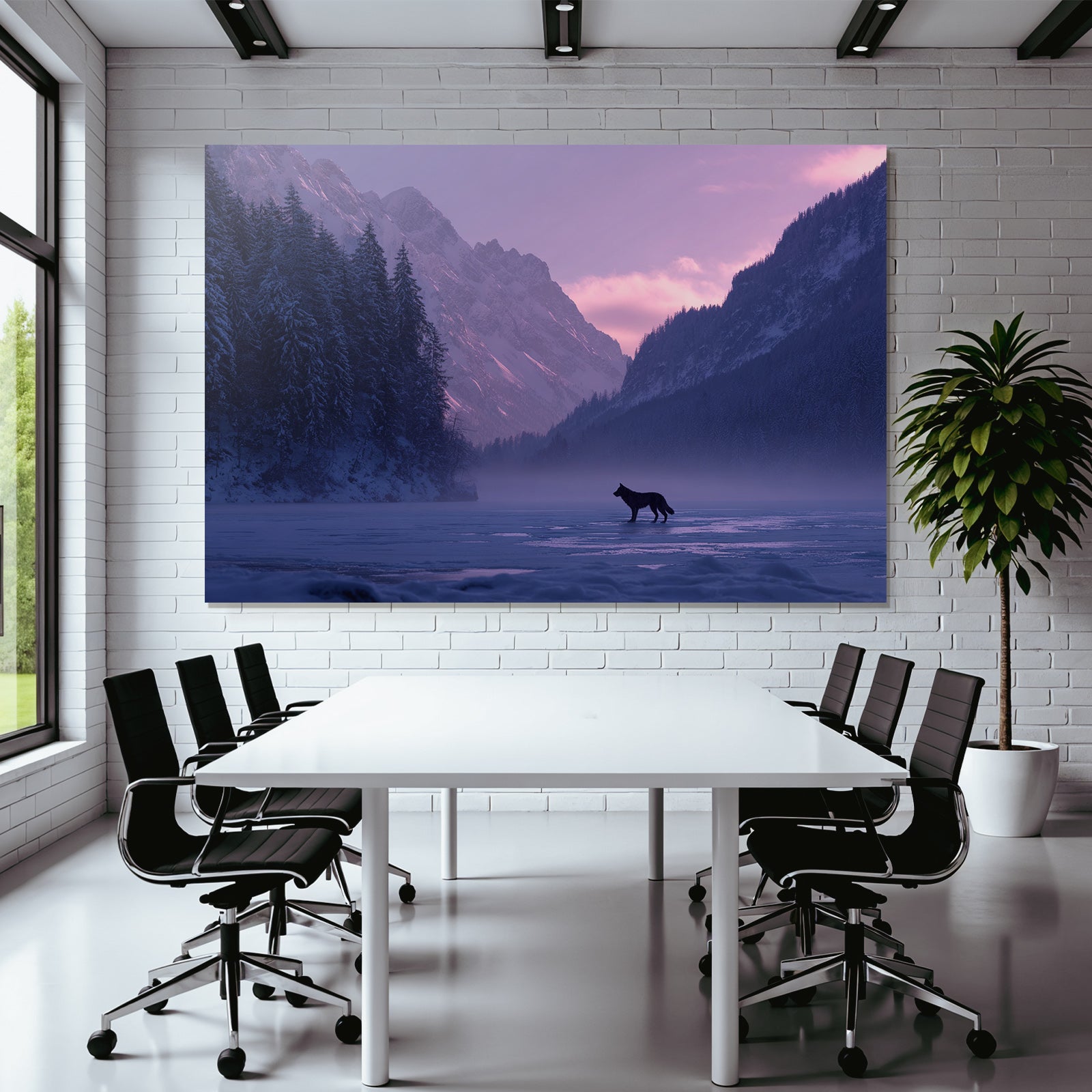 Winter Snow-covered Mountain Landscape Wolf in Frosty Lake Twilight Mystical Mood