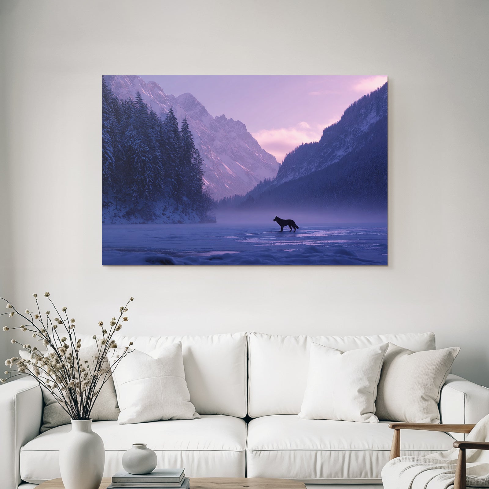 Winter Snow-covered Mountain Landscape Wolf in Frosty Lake Twilight Mystical Mood