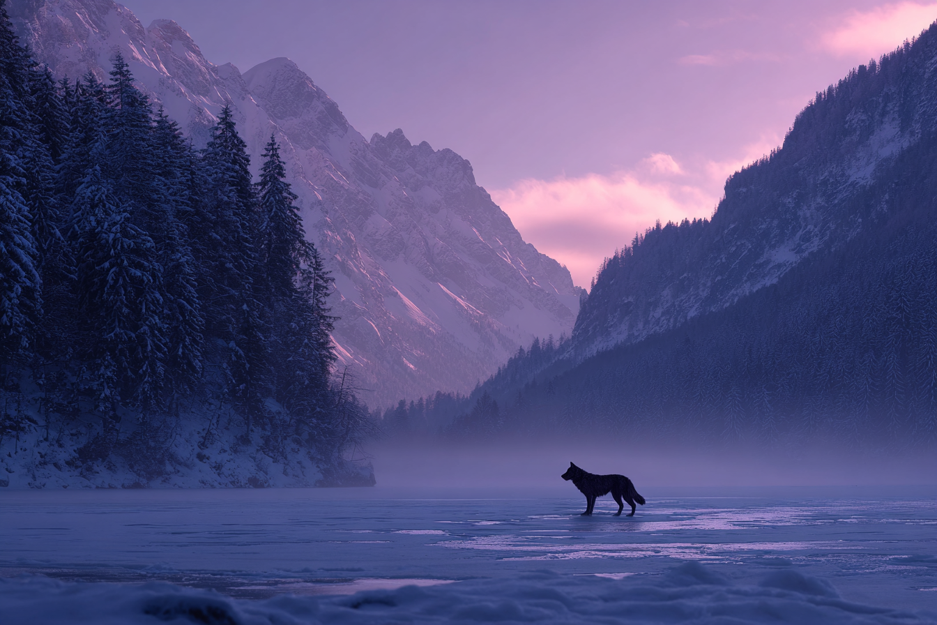 Winter Schneebedeckte Berglandschaft Wolf Im Frostigen See Dämmerung Mystische Stimmung | Winterlandschaften | Landschaften