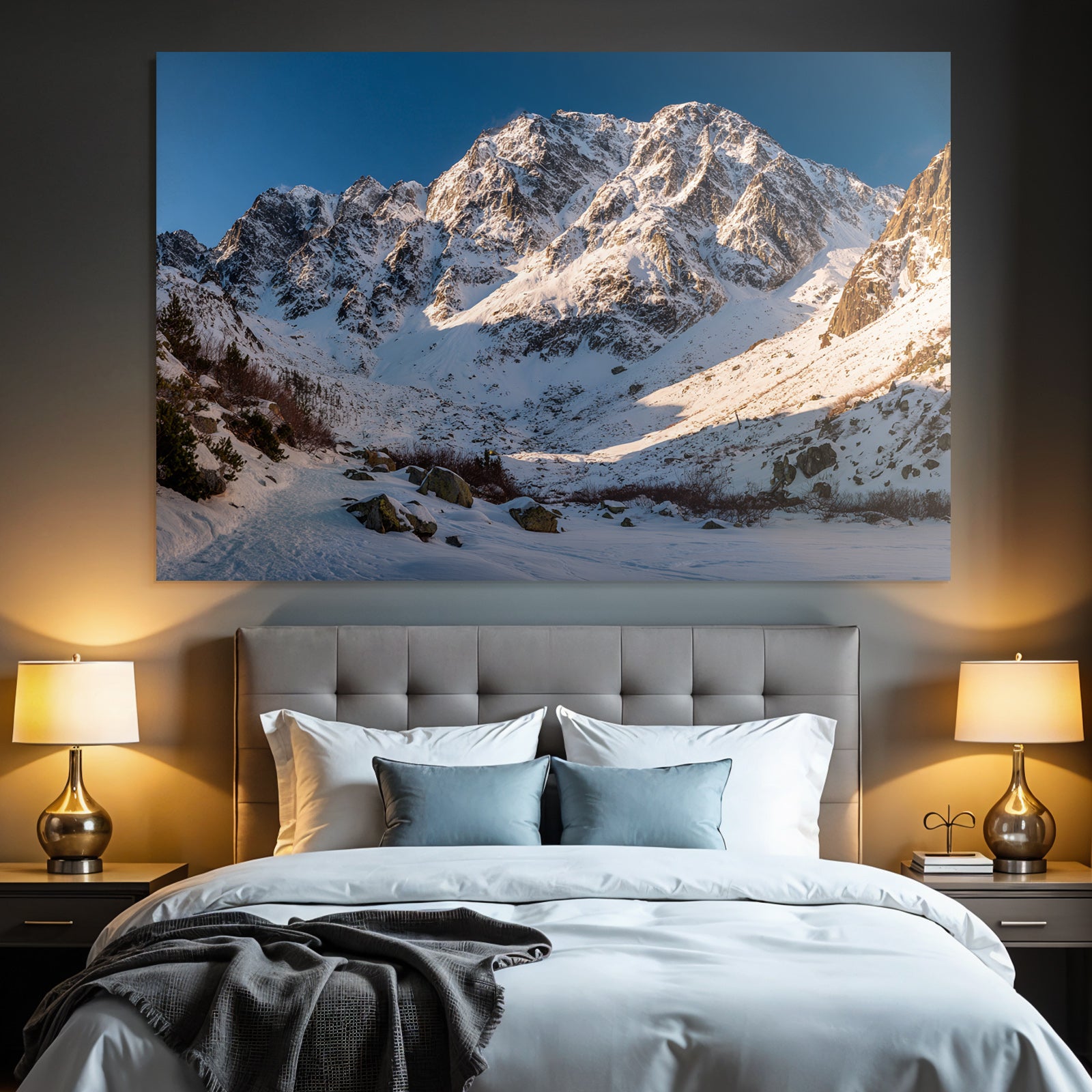 Winter snow-covered mountain landscape under a clear blue sky