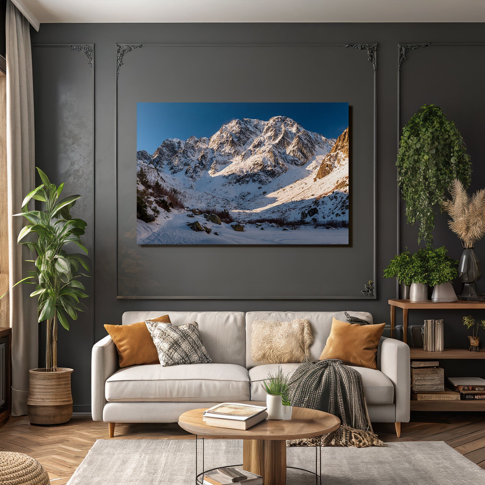 Winter snow-covered mountain landscape under a clear blue sky