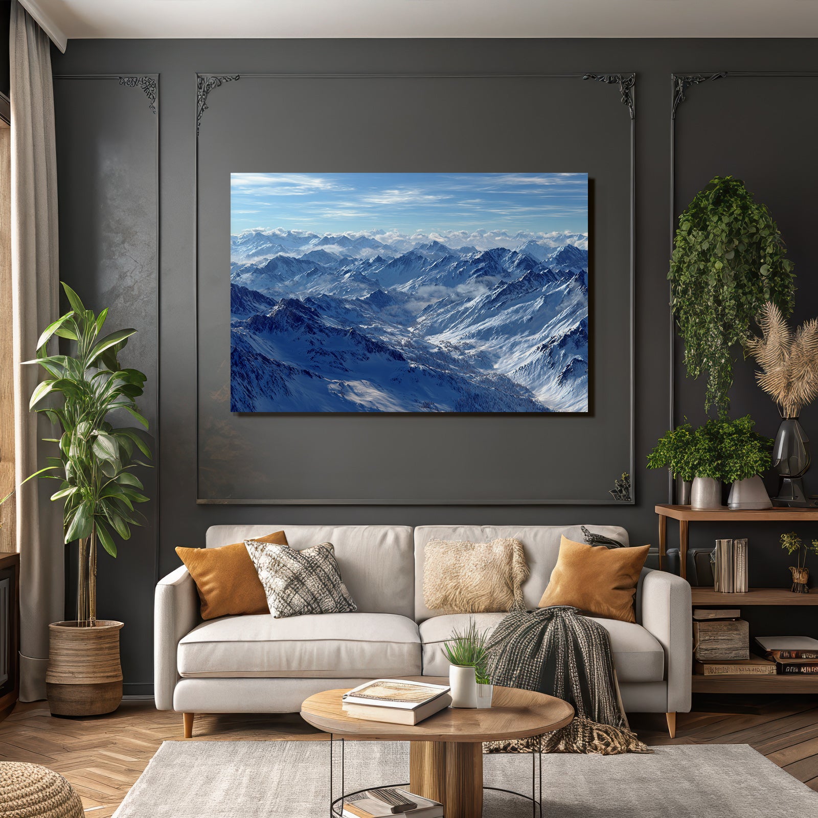 Winter snow-covered mountains under blue sky with clouds