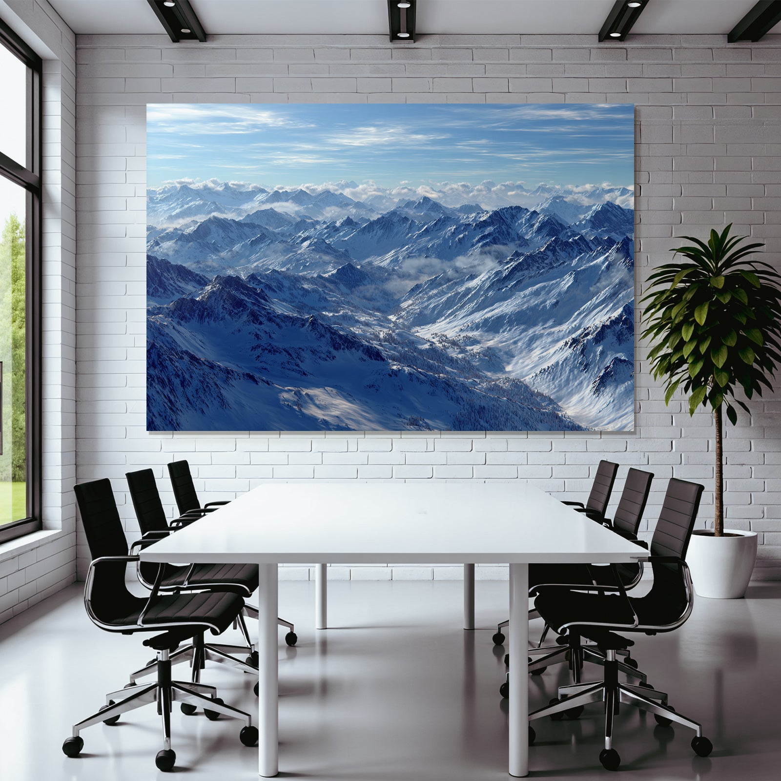 Winter snow-covered mountains under blue sky with clouds