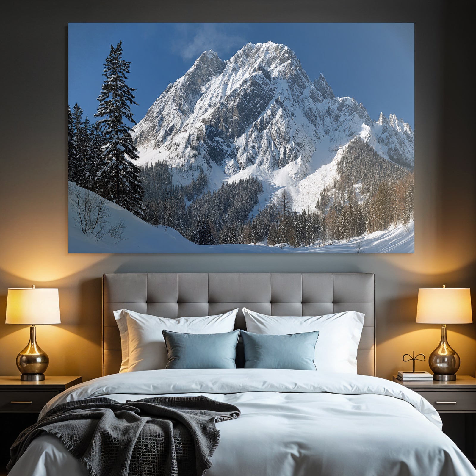 Winter snow-covered mountain peak with wooded winter landscape snow path