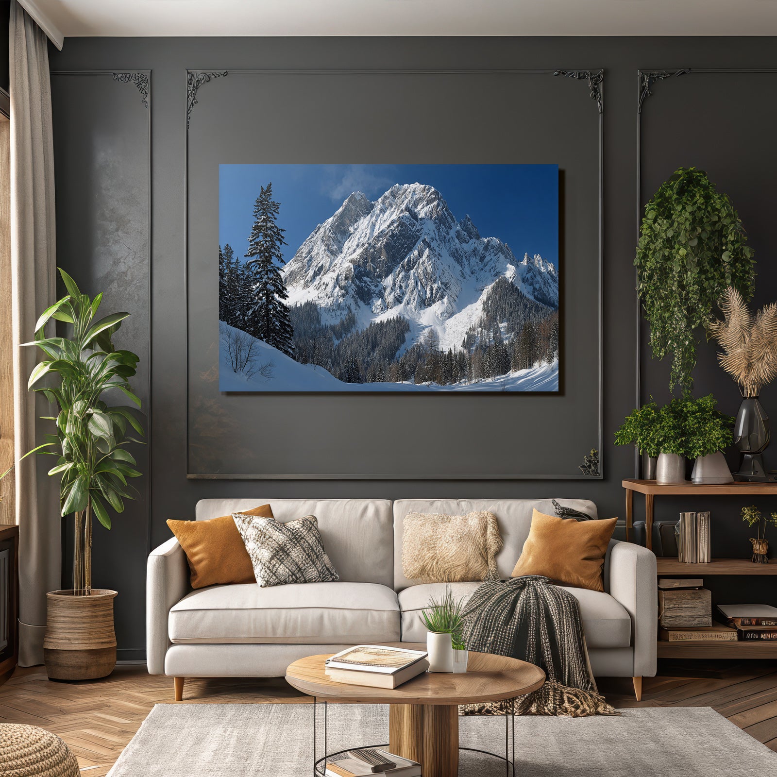 Winter snow-covered mountain peak with wooded winter landscape snow path