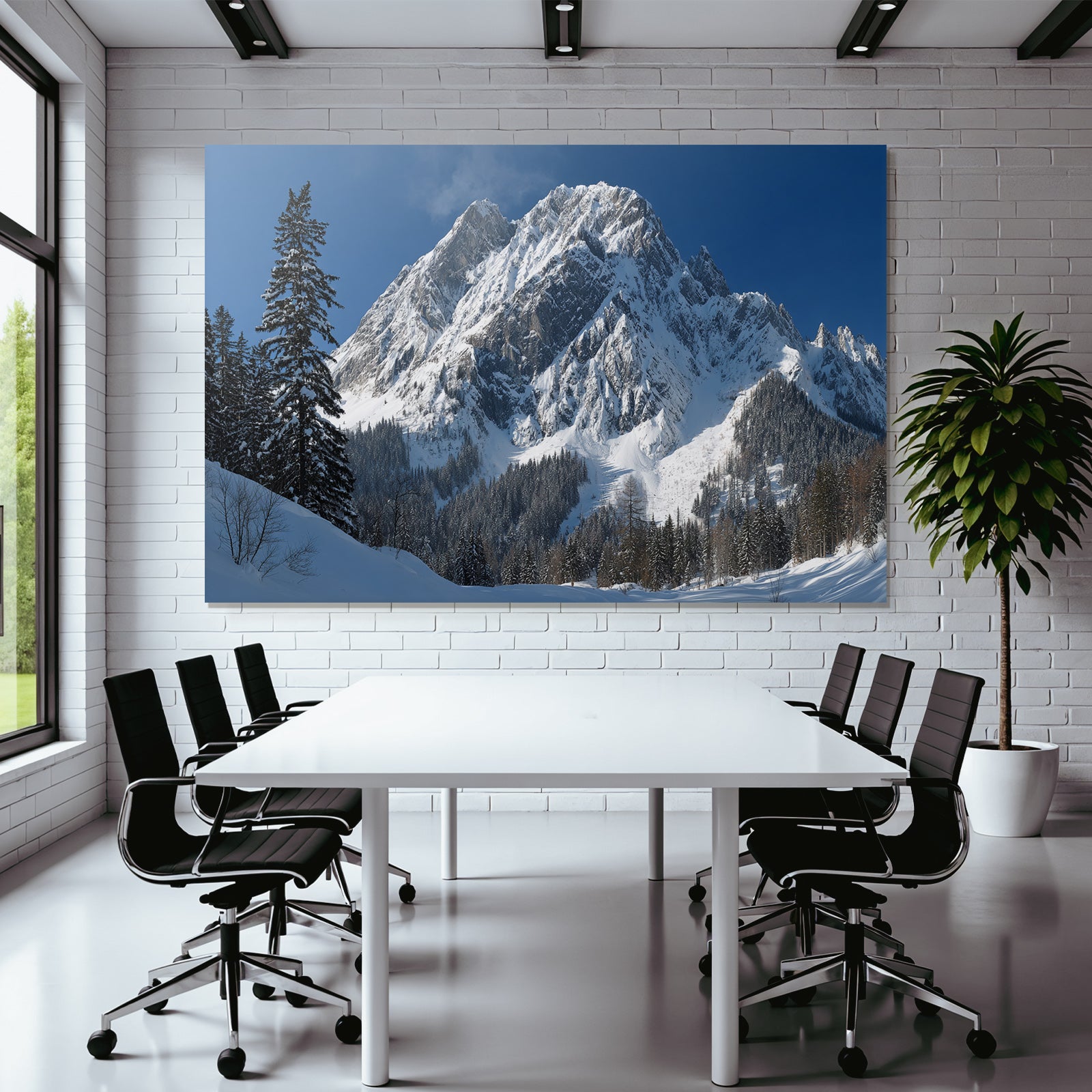 Winter snow-covered mountain peak with wooded winter landscape snow path