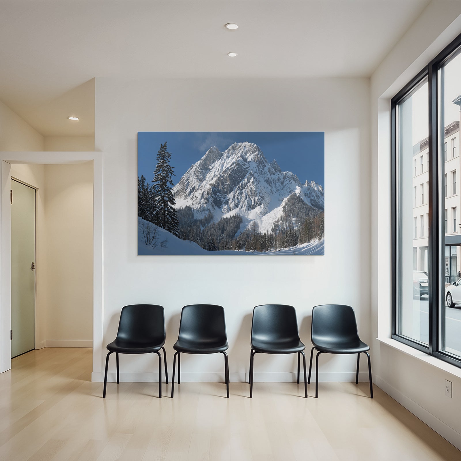Winter snow-covered mountain peak with wooded winter landscape snow path