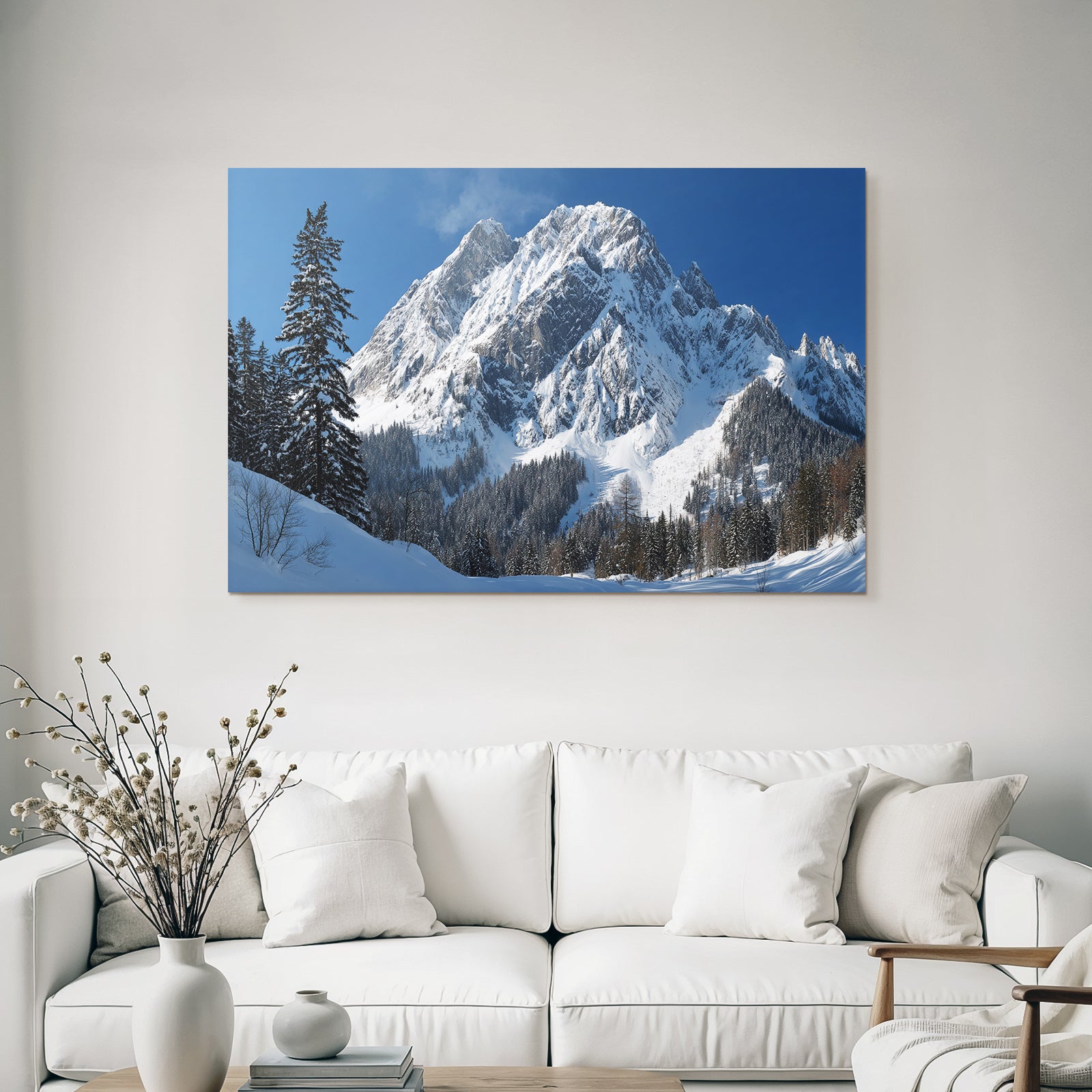 Winter snow-covered mountain peak with wooded winter landscape snow path