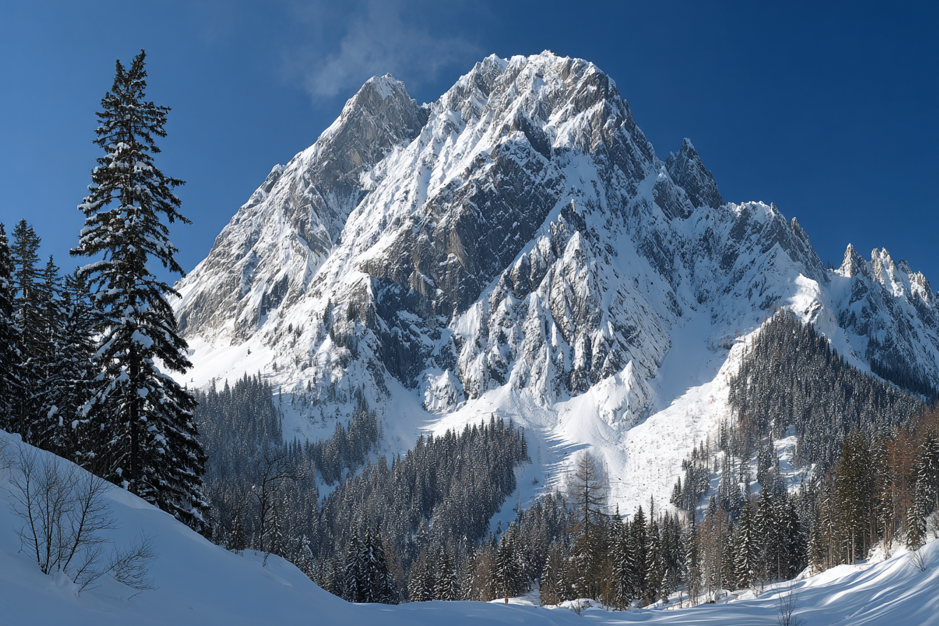 Winter Schneebedeckter Berggipfel Mit Verewaldetem Winterlandschaft Schneipfad | Winterlandschaften | Landschaften