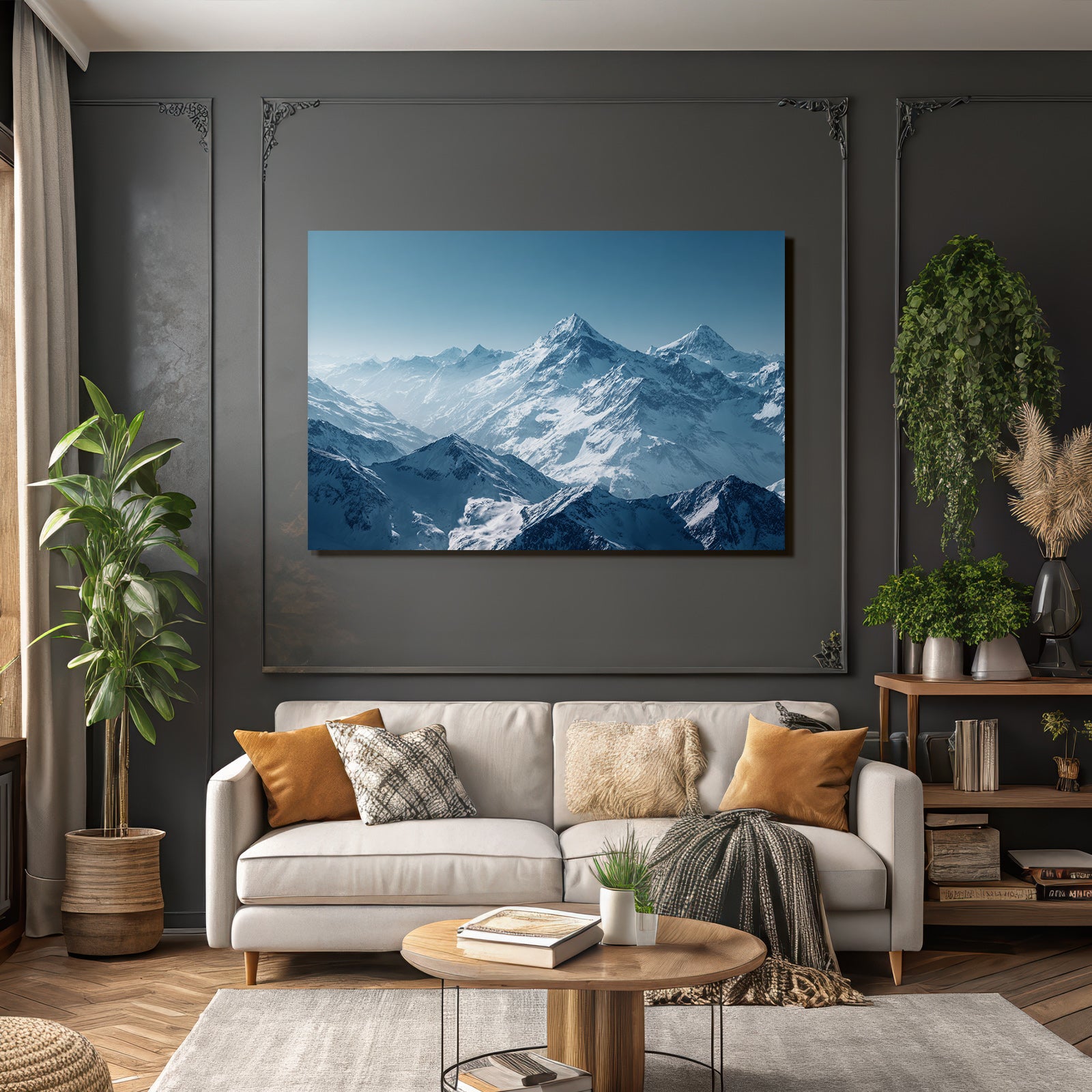 Winter stalactite mountain landscape in snow with blue sky
