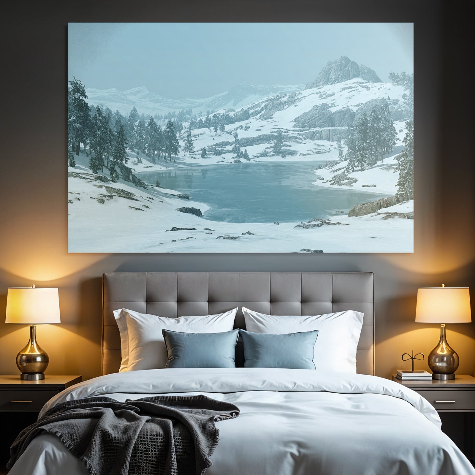 Winter Winter landscape Icy lake Snow-capped mountains Fir trees